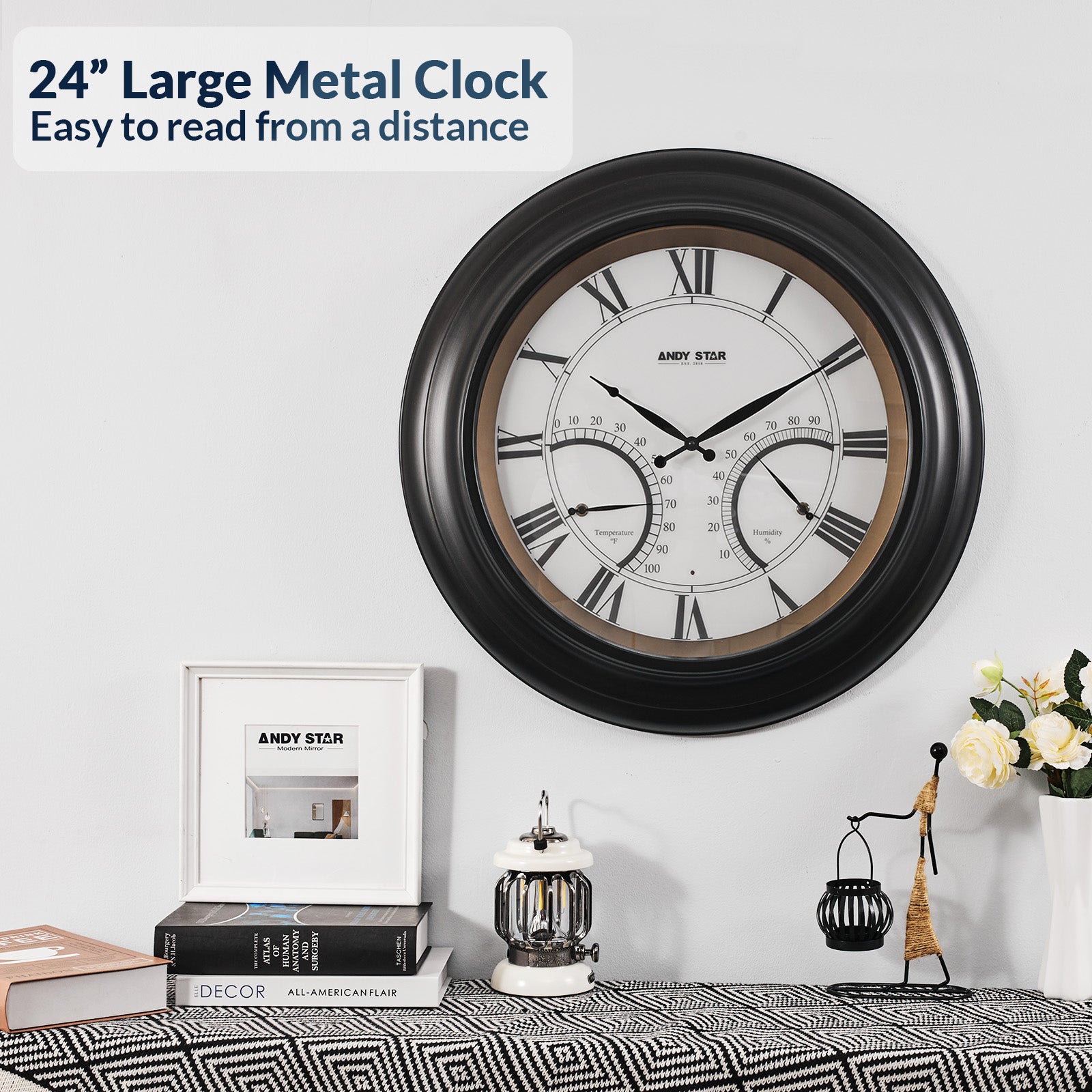 24 Inch Large Outdoor Wall Clock with Thermometer - Waterproof, Illuminated, Contemporary Design - Perfect for Patio, Garden, Backyard, and Deck Decor