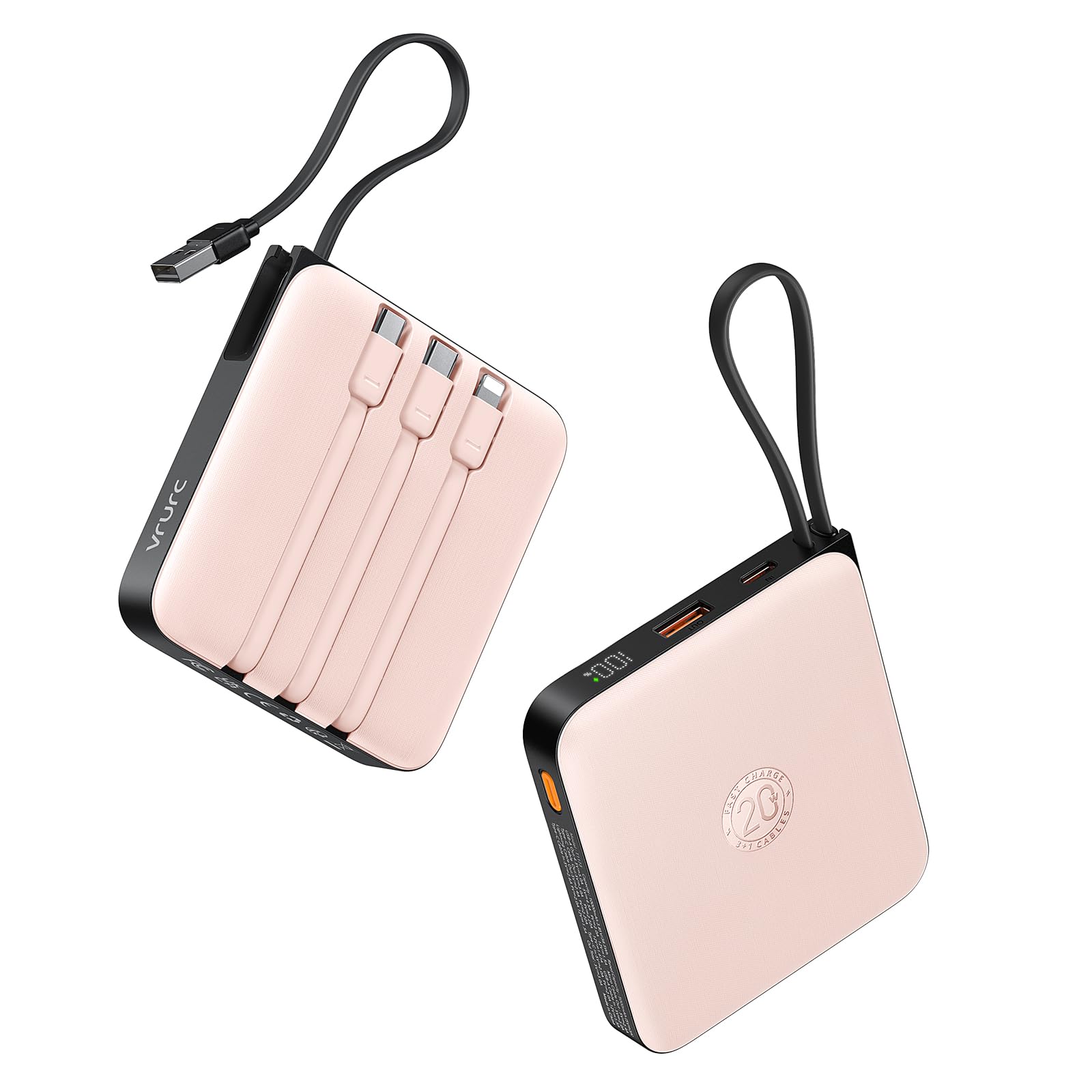 VRURC 20000mAh Portable Charger with Built-in Cables - 22.5W Fast Charging Power Bank for iPhone 16/15/14/13/12/11 & Samsung Android Phones - Pink Travel Essential Battery Pack (Perfect for Airports, Camping & Emergency Charging)