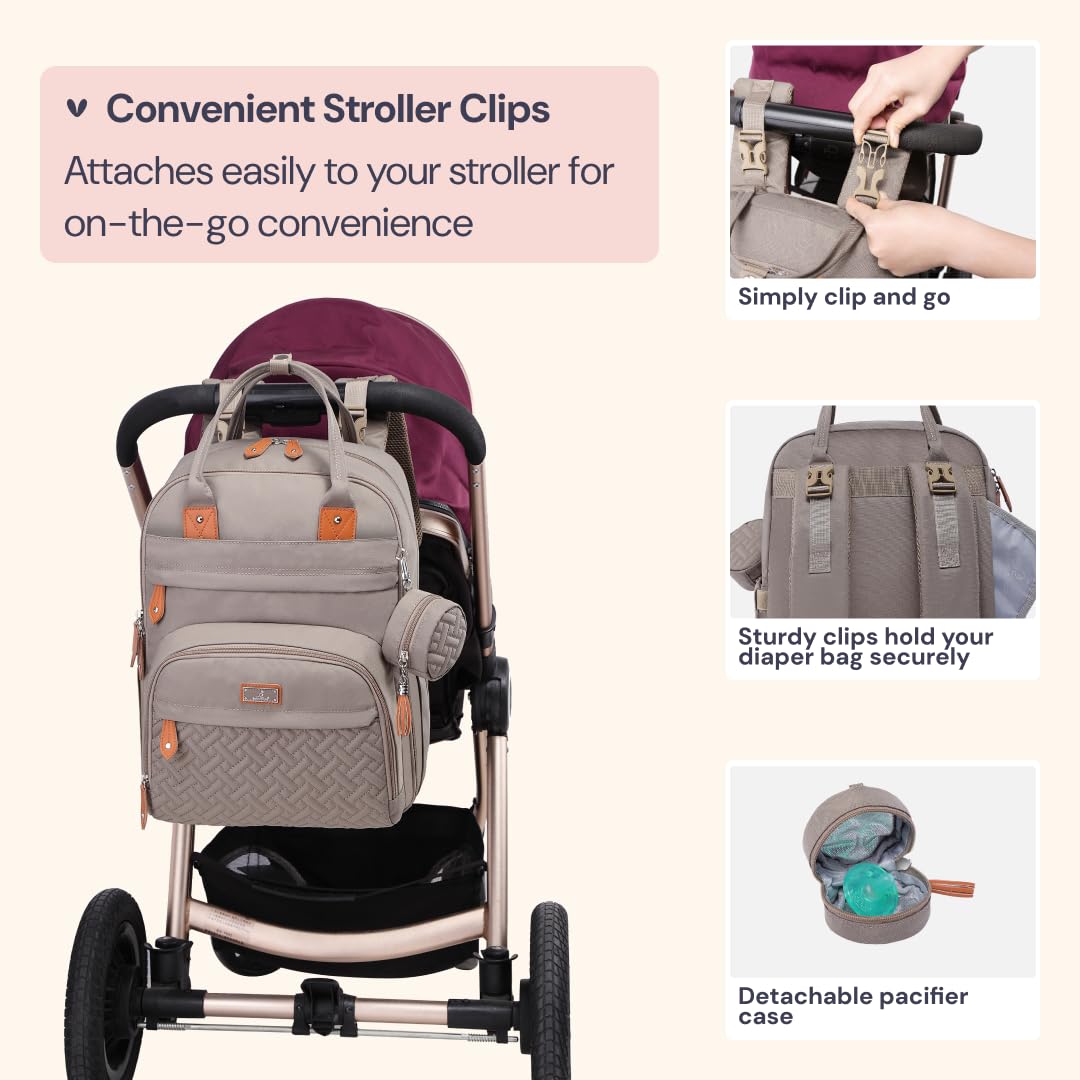 BabbleRoo Waterproof Diaper Backpack - Multifunctional Baby Travel Bag with Changing Pad, Stroller Straps & Pacifier Case - Unisex Khaki Diaper Tote for Parents - Perfect for Daycare, Travel & On-the-Go Parenting