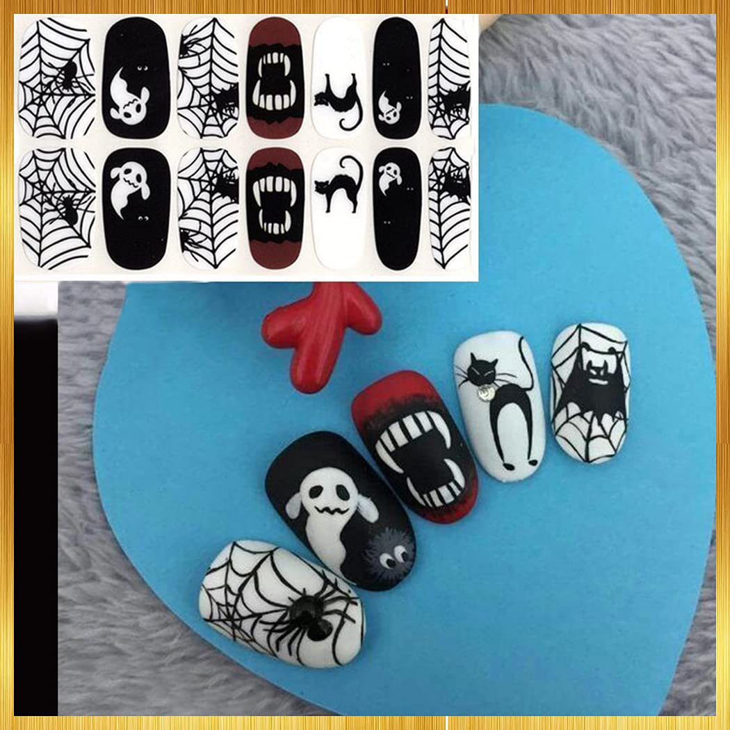 WOKOTO Halloween Nail Stickers - 14 Sheets Full Nail Wraps with Pumpkin, Bat, Ghost, Witch & Spider Designs | Waterproof Nail Polish Stickers for Acrylic Nails | Includes Nail File | Perfect for Halloween Parties, Costume Events & Spooky Nail Art