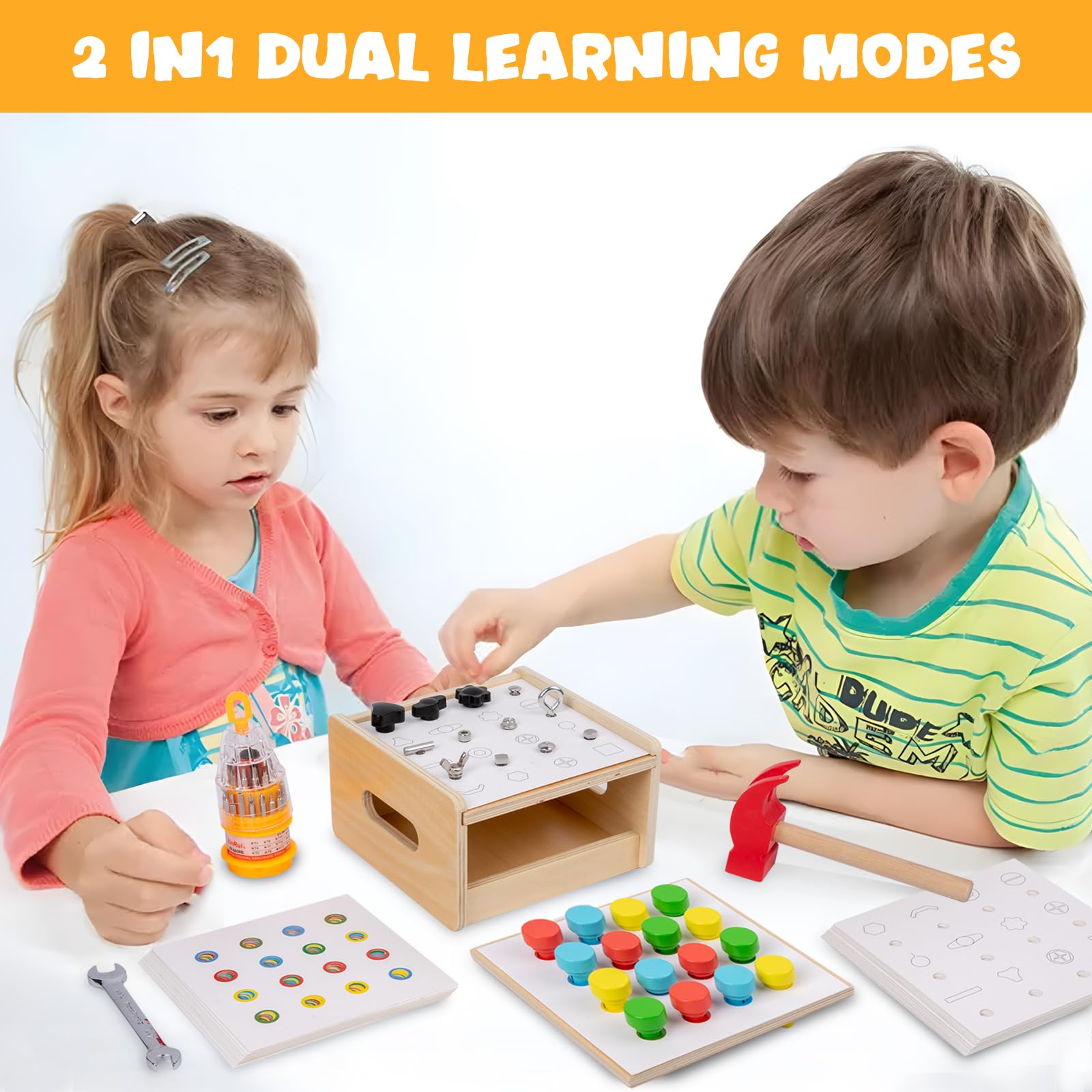 Adena Montessori 2-in-1 Wooden Tool Set for Kids Ages 3-5 - Screwdriver Board & Hammer Peg Toy Game - STEM Learning Toys for Preschoolers - Perfect for Montessori Classroom & Home Playtime