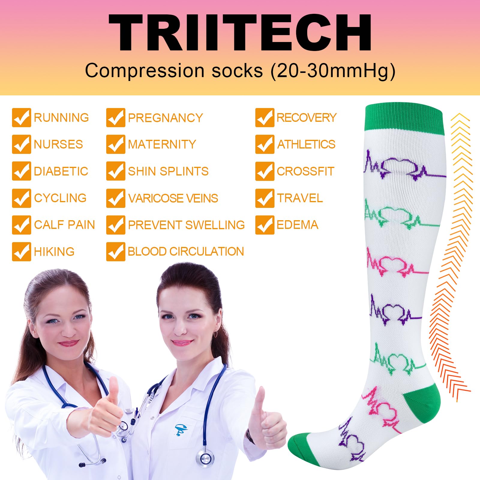 TRIITECH 6 Pairs Copper Compression Socks for Women & Men - 15-20mmHg Graduated Support for Running, Hiking, Nursing, Travel & Recovery - Improve Circulation & Reduce Swelling