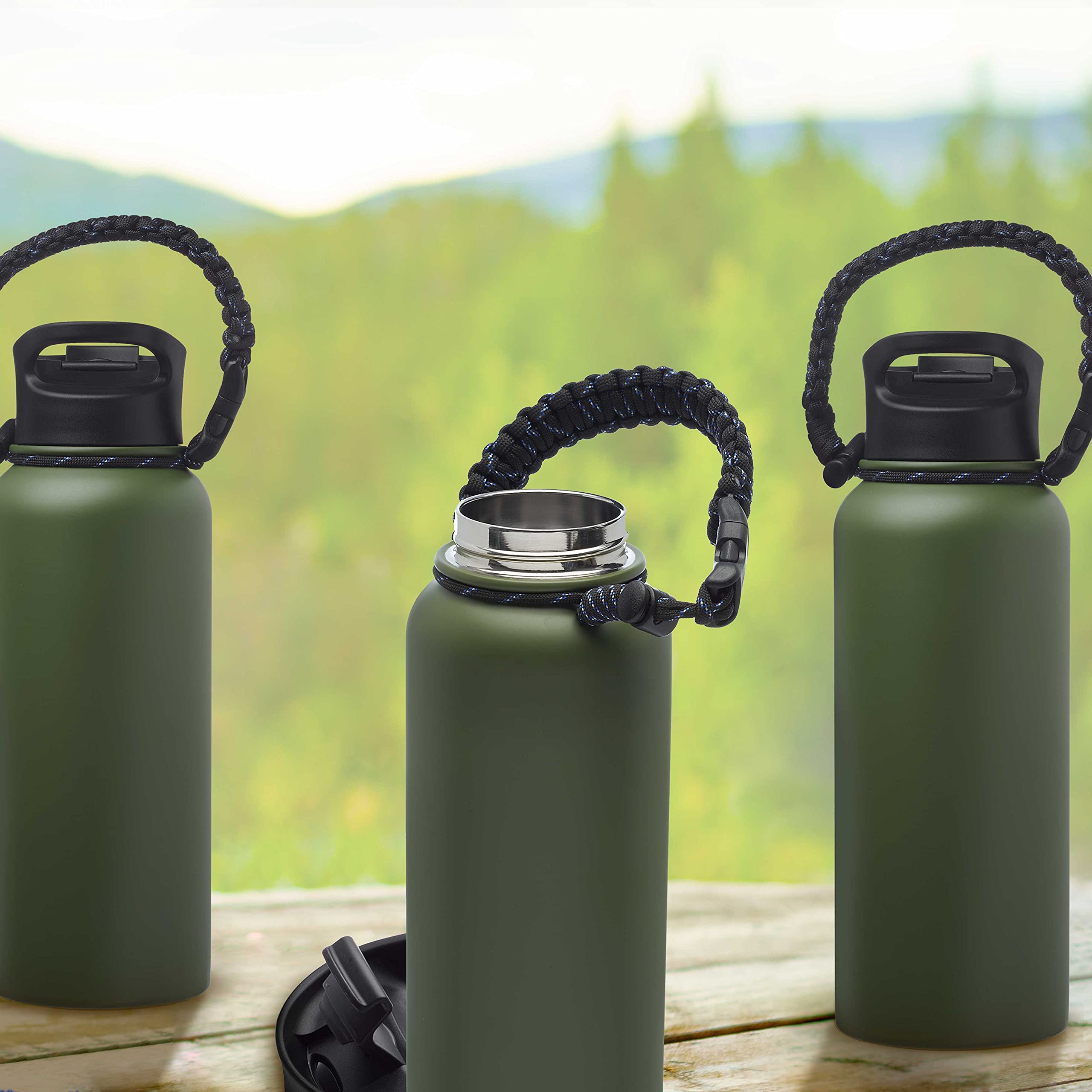 6 Pack Vulcan Stainless Steel Water Bottles 34oz - Double Wall Vacuum Insulated Army Green - Leak Proof with Strap - Perfect for Hiking, Camping & Outdoor Activities