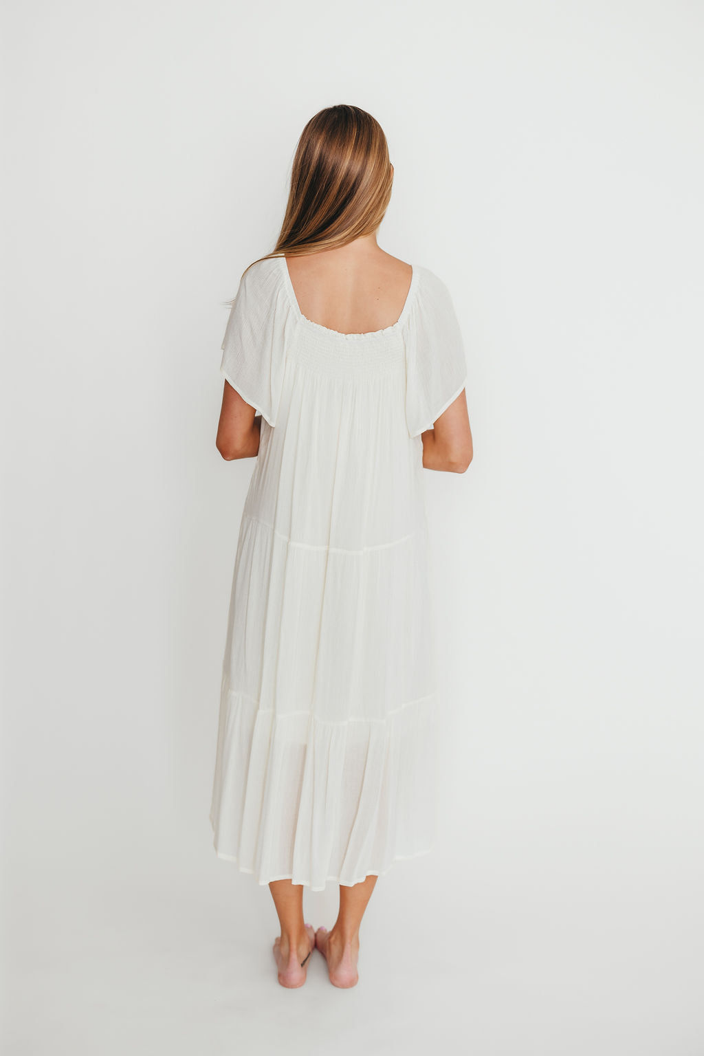 Eloise Flutter Sleeve Midi Dress - Off White Women's Boho Summer Dress for Beach, Wedding & Casual Wear