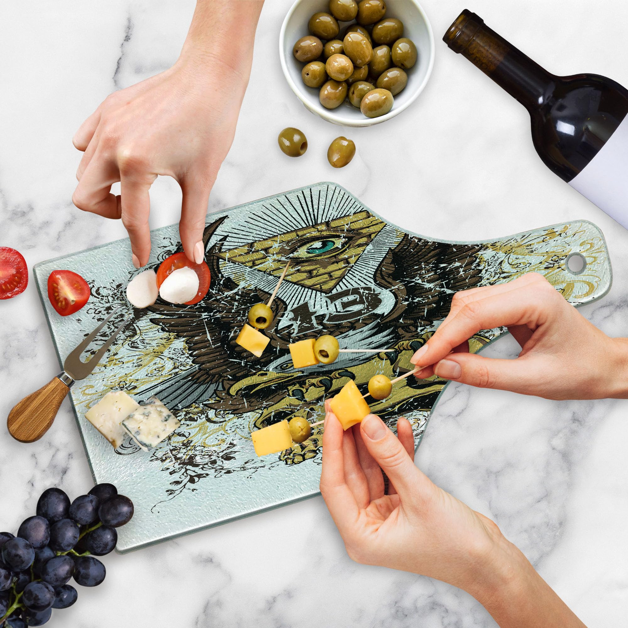 Ambesonne Tattoo-Themed Tempered Glass Cutting Board - American Eagle Wings with Skull & Brick Wall Design - Decorative Serving Board for Cheese, Charcuterie & Wine - Perfect for Parties, Kitchen Decor & Gifts (Brown & White)