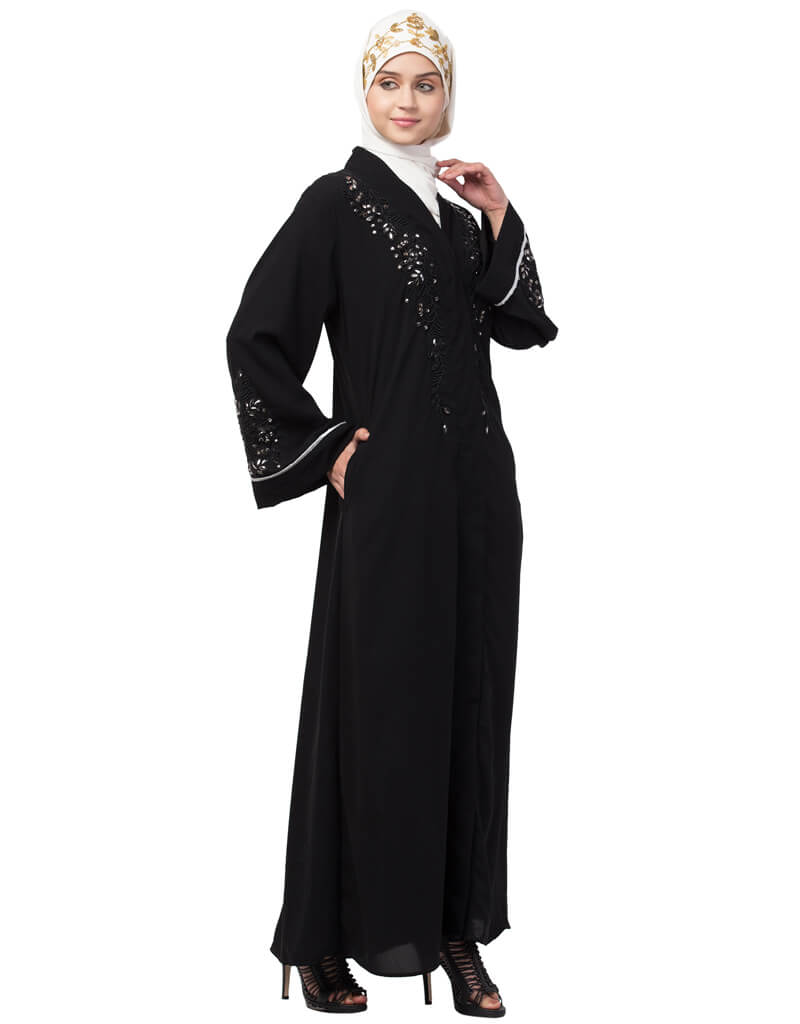 Elegant Black Arabic Abaya with Front Open Design & Hand Embroidery on Sleeves - Perfect for Prayer, Modest Fashion & Special Occasions