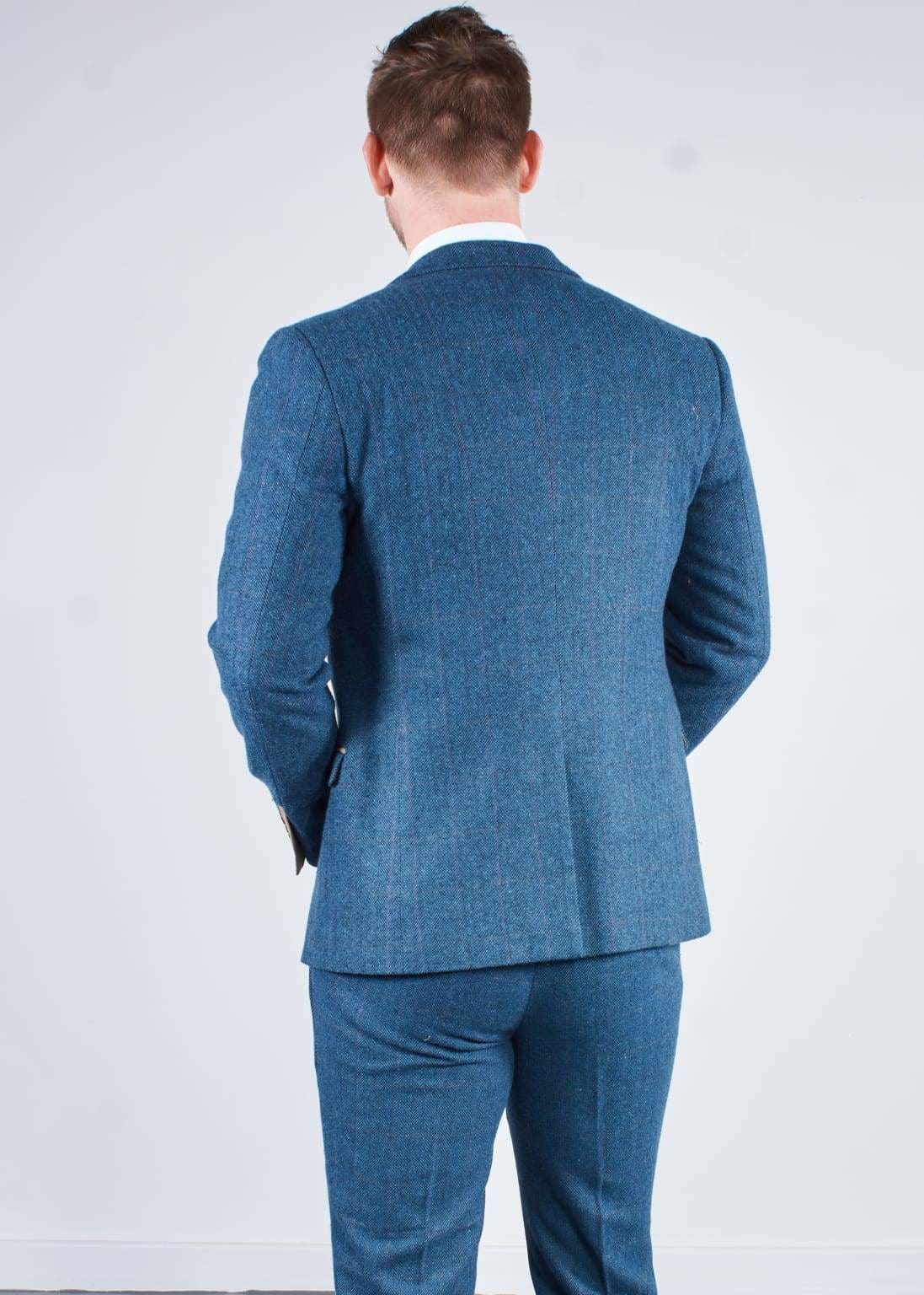 Marc Darcy Dion Men's 3 Piece Blue Tweed Suit - Classic Slim Fit Wedding Suit, Business Formal Attire for Office, Party & Special Occasions