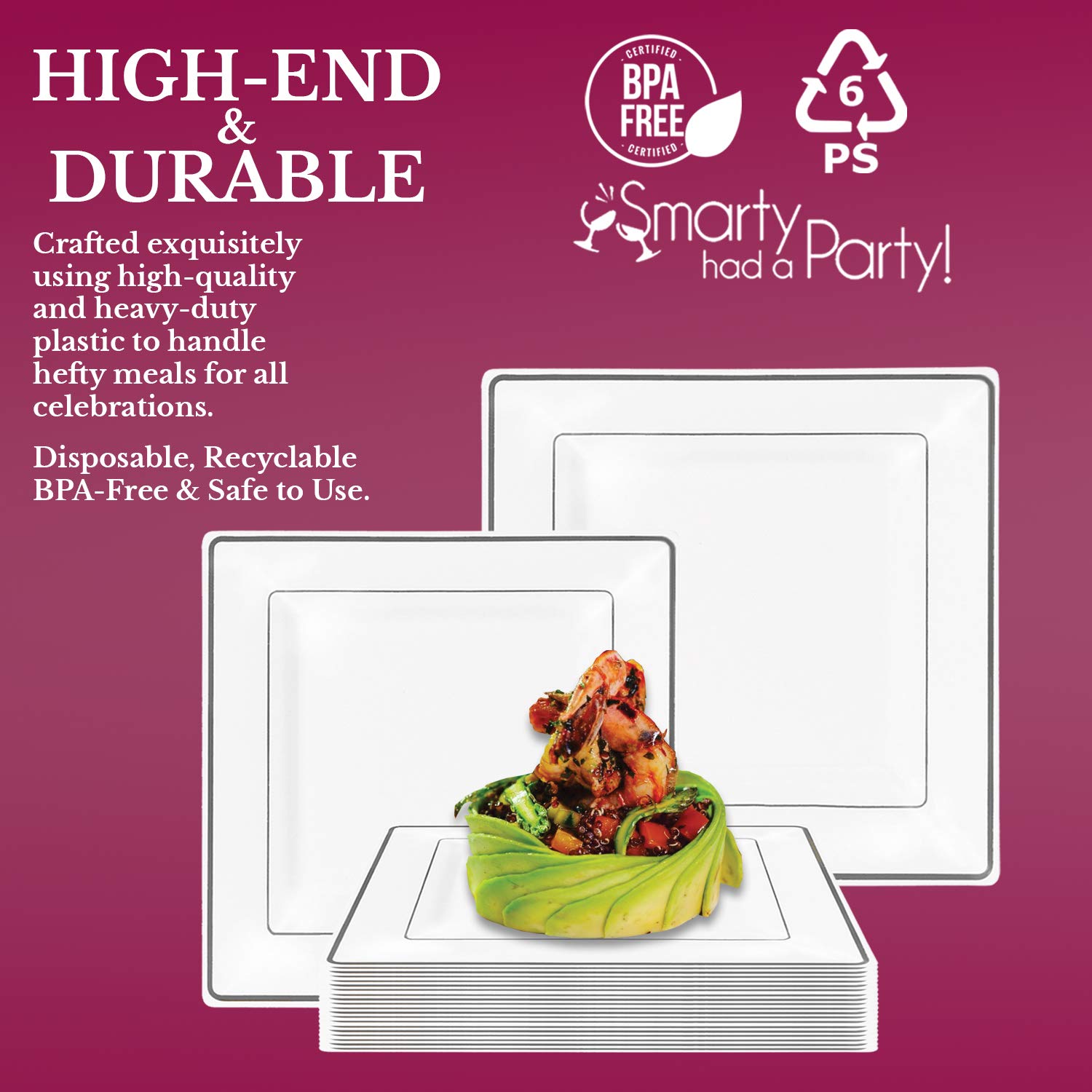 Premium Heavy-Duty Disposable Square Plastic Plates - Elegant White with Silver Trim, 9.5 Inch (120 Count) - Perfect for Weddings, Birthdays, Parties, Catering & Special Events - Durable Dinnerware for Indoor/Outdoor Entertaining