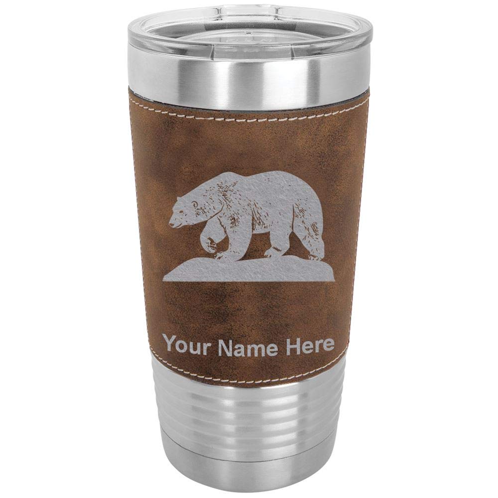 LaserGram 20oz Vacuum Insulated Stainless Steel Tumbler Mug with Polar Bear Design - Personalized Engraving, Faux Leather Handle & Rustic Finish - Keeps Drinks Hot/Cold for Hours - Perfect for Coffee, Tea, Camping, Office & Outdoor Activities