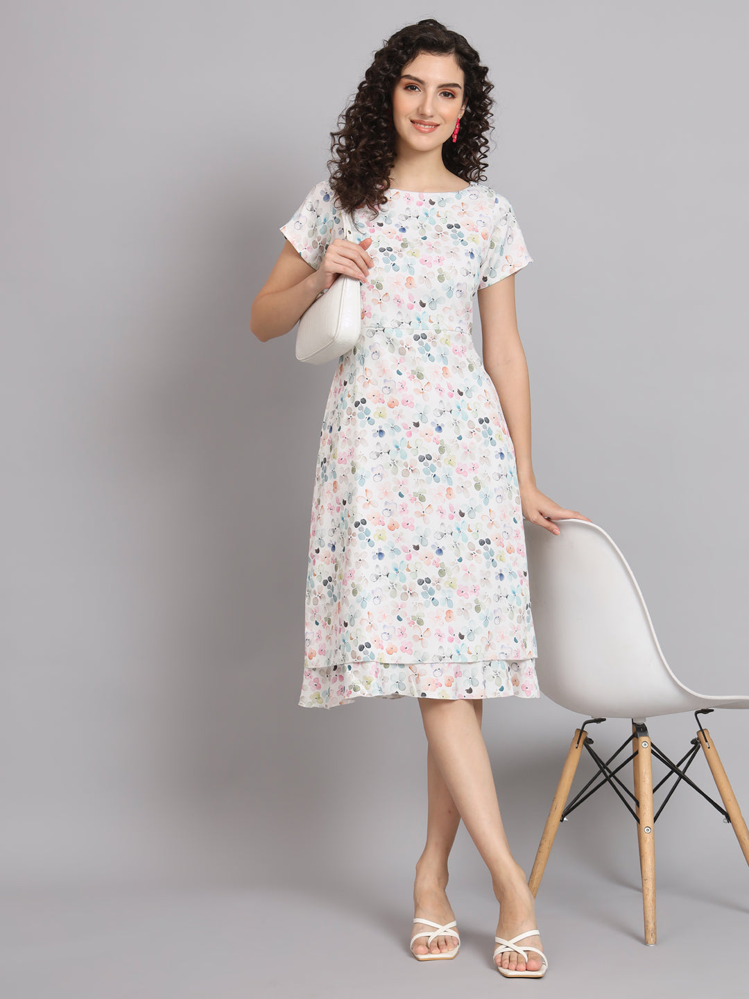 Elegant A-Line Printed Floral Frill Dress for Women - White | Summer Party, Wedding Guest & Casual Outfit
