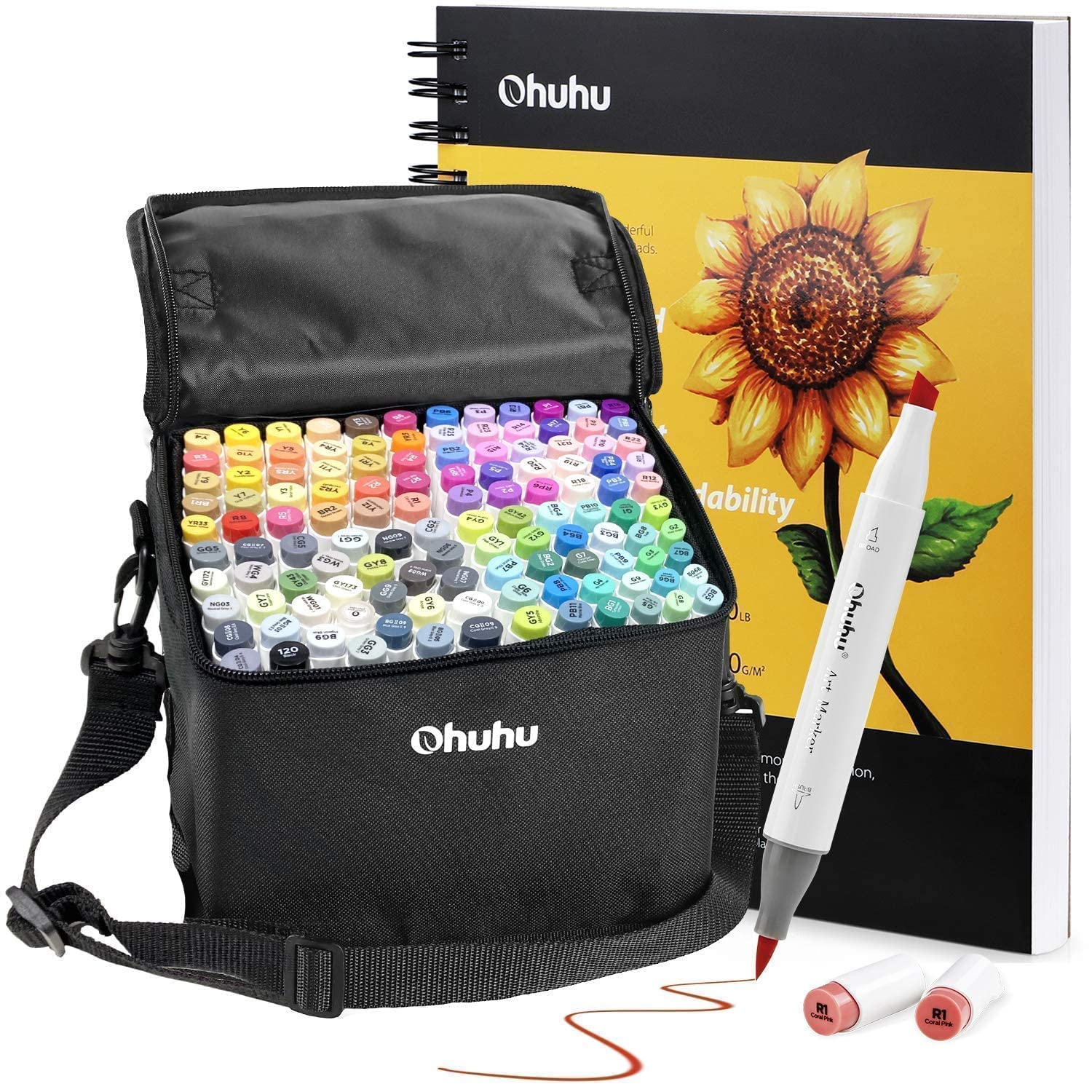 Ohuhu Alcohol Brush Markers Set - 48 Colors Dual Tip Art Markers for Kids & Adults - Professional Coloring, Illustration & Sketching - Includes Large 7.6