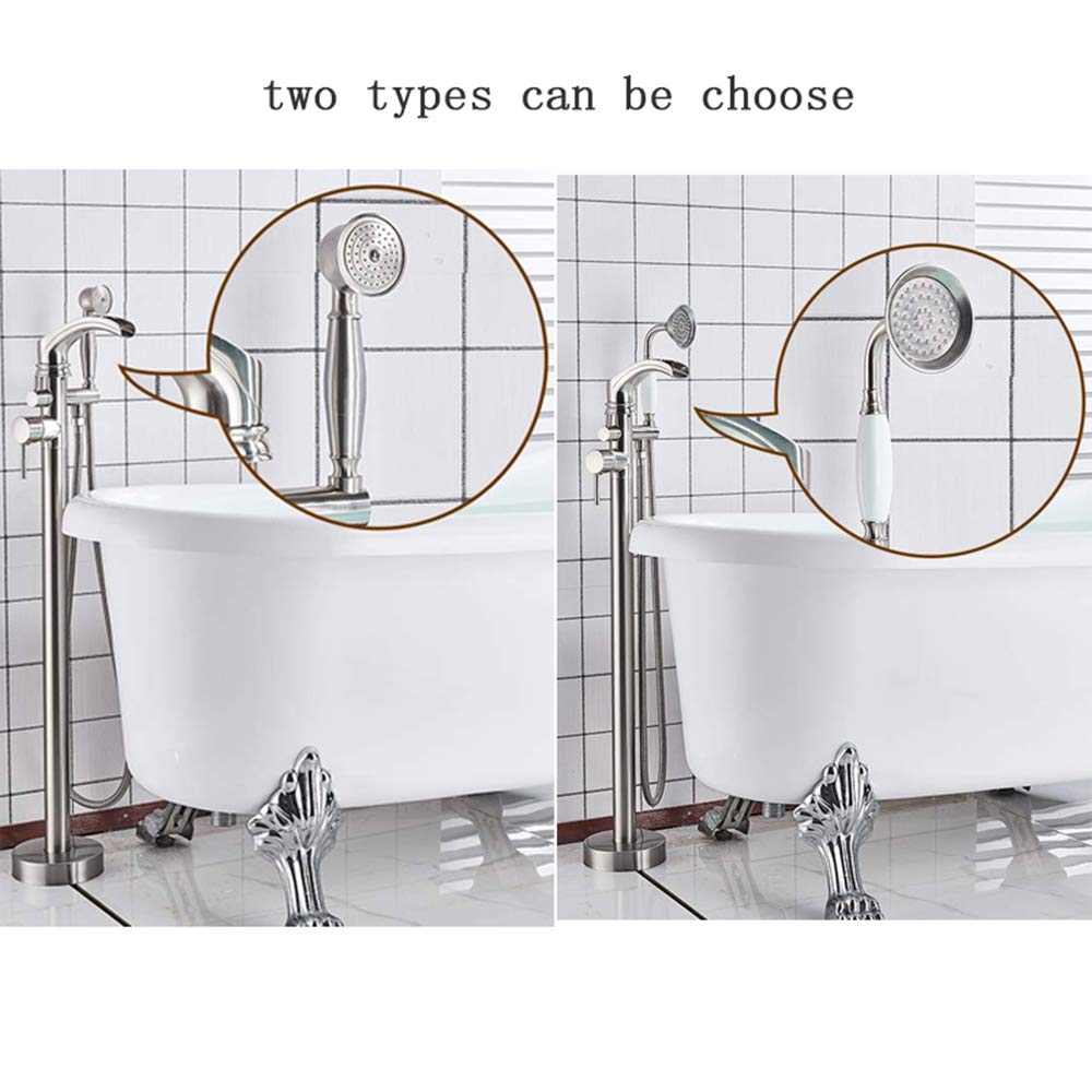 Freestanding Bathtub Faucet Set - Brass Waterfall Tub Filler with Single Handle Floor Mount & Handheld Shower | Brushed Nickel Finish | Hot & Cold Water Mixer Tap for Modern Bathroom & Spa Relaxation