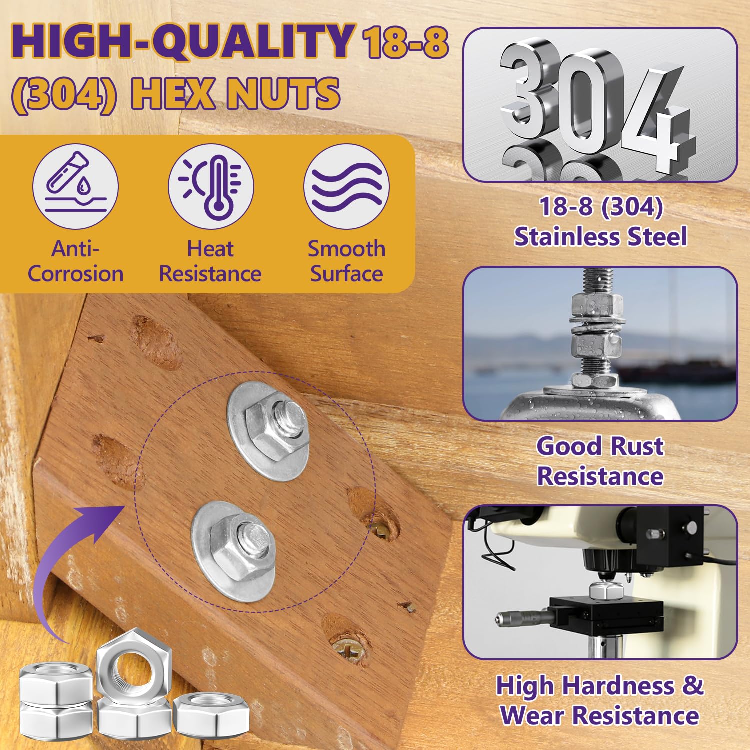 80Pcs M8-1.25mm 304 Stainless Steel Hex Nuts - Metric Hardware Set for Bolts | Furniture, Automotive, Industrial & Construction Use | Corrosion-Resistant Fasteners for DIY Projects & Machinery Assembly