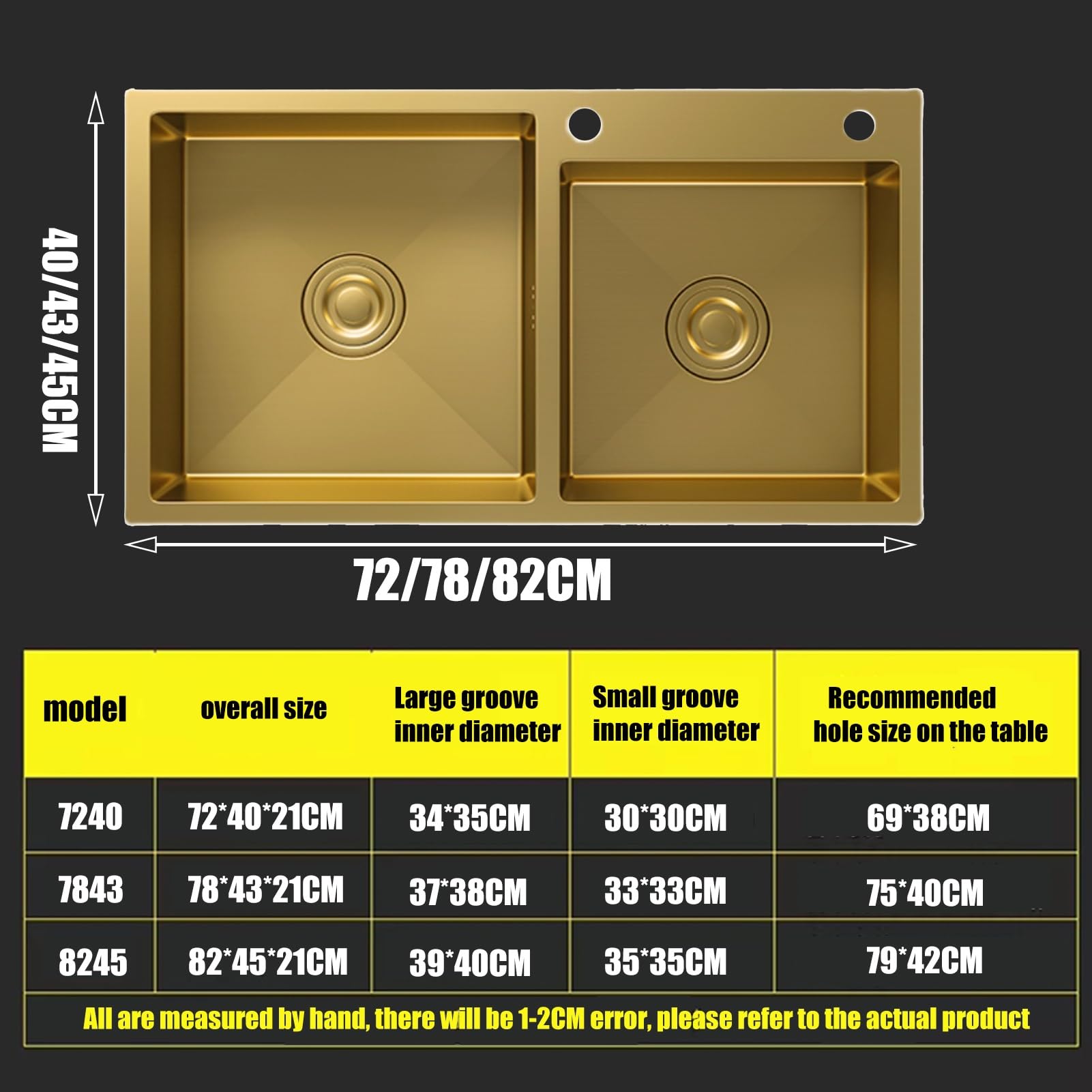 Handmade Nano Gold Double Basin Stainless Steel Kitchen Sink with Soap Dispenser - Large Capacity, Stylish & Durable (Color: Gold, Size: 82cm) - Perfect for Modern Kitchens, Restaurants & Luxury Home Renovations