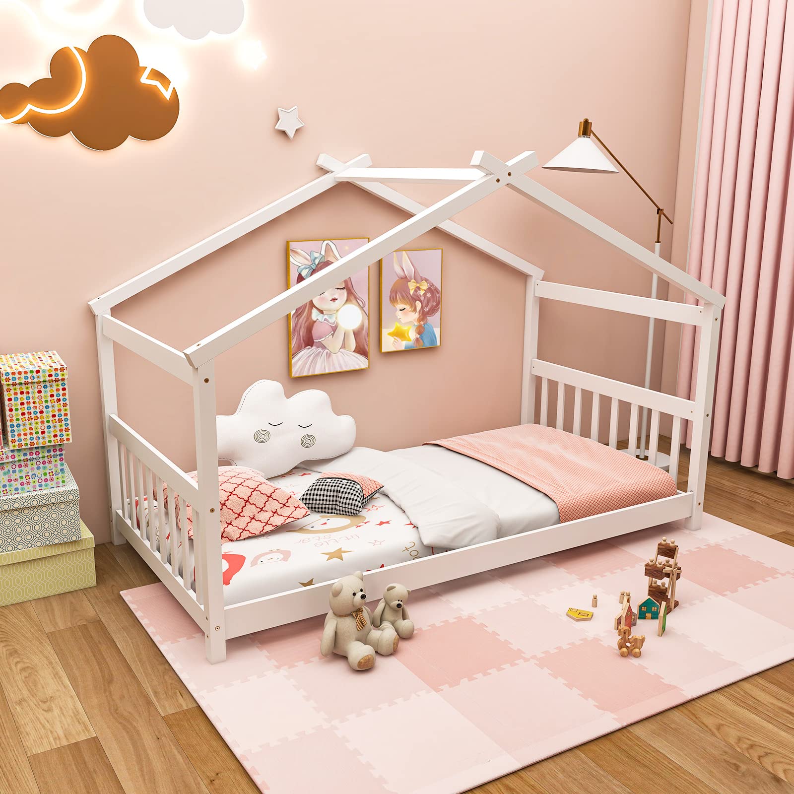 **Giantex Solid Wood Twin House Bed with Roof - Low Floor Kids Bed Frame for Toddlers, Teens, Boys & Girls - No Box Spring Needed - White - Perfect for Nursery, Playroom & Cozy Bedroom Decor**