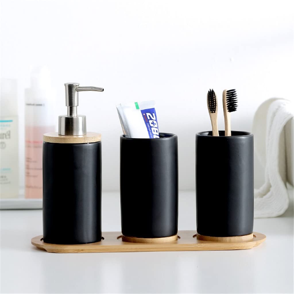 Premium Ceramic Soap Dispenser & Toothbrush Holder Set - Elegant Black Bathroom Organizer for Toiletries, Shampoo & Mouthwash Cup - Perfect for Modern Bathroom & Kitchen Countertop Decor