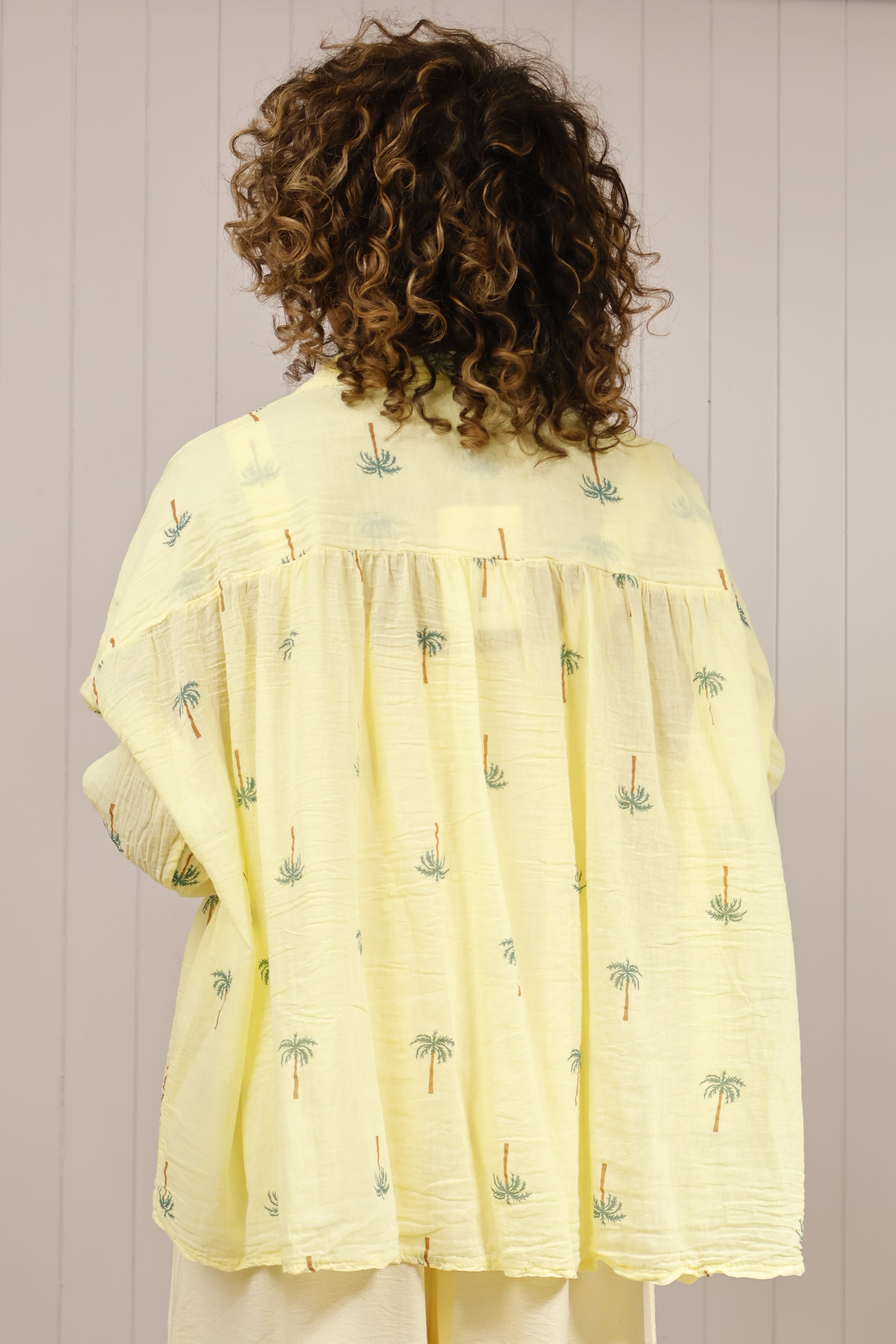 Stylish Palm Print Blouse in Lemon Yellow - Women's Fashion Top for Casual Wear, Office Outfits & Summer Vacation