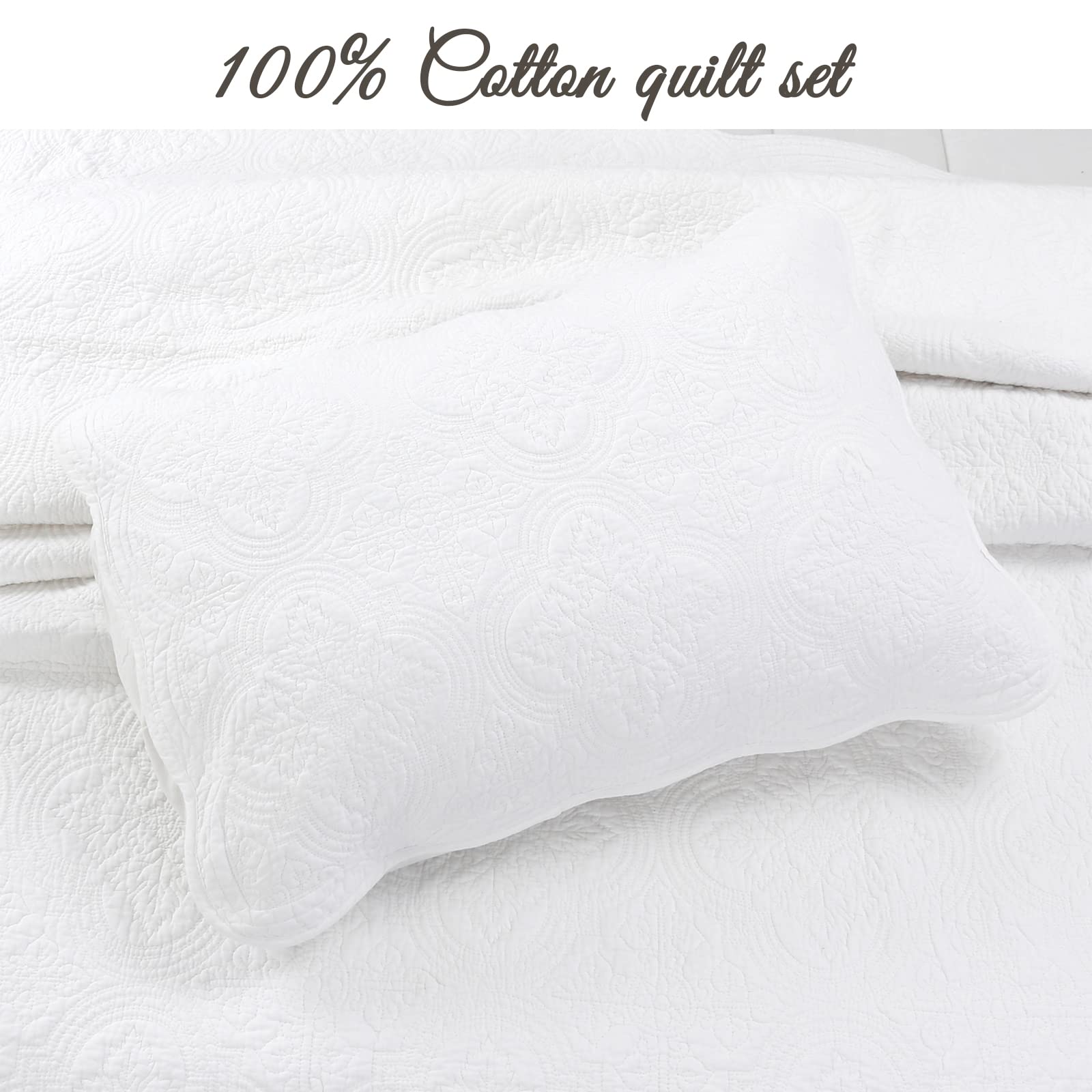 Pure Cotton Quilt Set Queen Size 3-Piece - Cozy Line Home Fashions Soft Breathable Bedding (Blantyre White) for Bedroom, Guest Room & Dorm Comfort