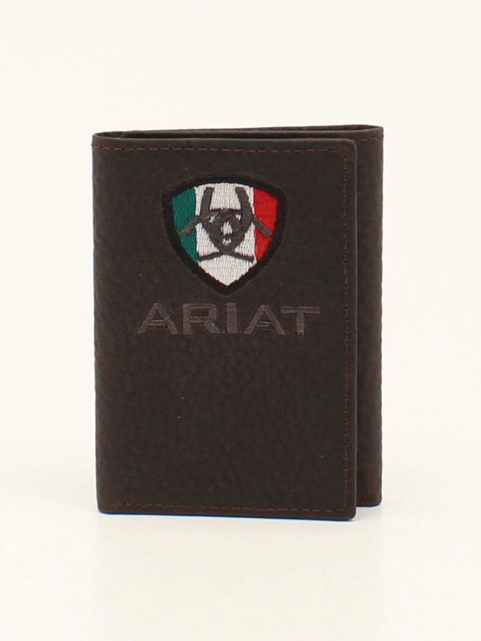 Ariat A35492282 Men's Trifold Wallet with Mexico Flag Logo - Genuine Leather Brown Bifold Wallet for Men - Perfect for Everyday Use, Travel & Gifts
