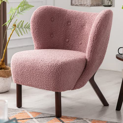 Modern Sherpa Accent Chair with Wood Legs - Upholstered Barrel Lounge Armchair for Living Room, Bedroom & Office | Cozy Club Chair & Lambskin Side Chair | Perfect for Relaxing, Reading & Home Decor in Blush Pink