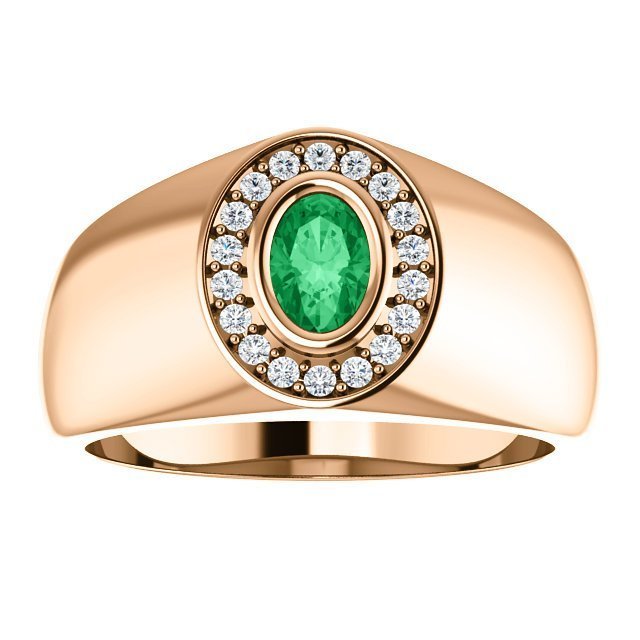 14KT Gold Emerald & Diamond Oval Halo Ring for Men - 0.48CT Emerald & 0.18CTW Diamond Engagement Wedding Band - Perfect for Proposals, Anniversaries & Special Occasions