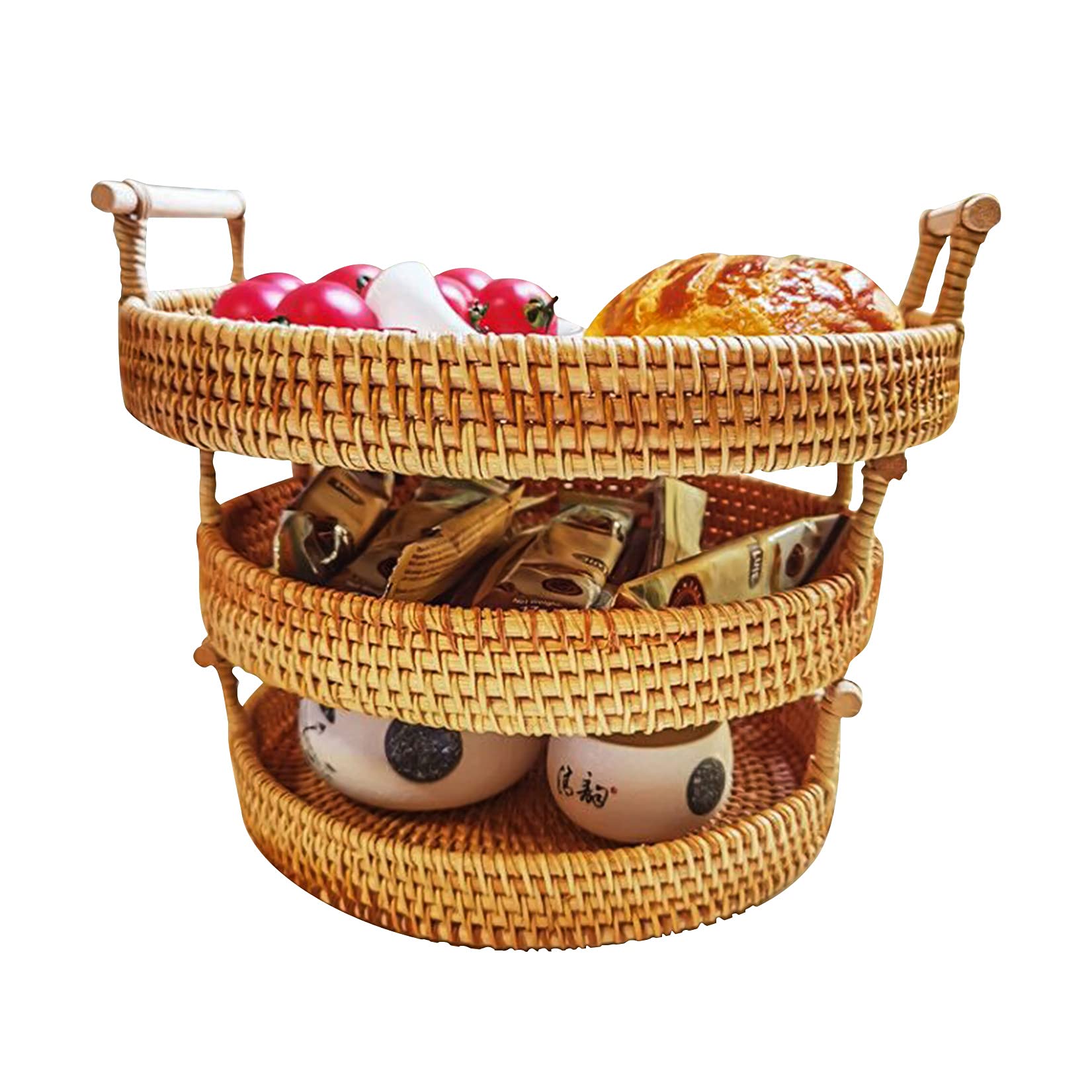 Set of 3 Hand Woven Wicker Rattan Trays - Round Storage Baskets with Handles for Bread, Fruits, Vegetables, Crackers & Snacks | Perfect for Breakfast Serving, Kitchen Organization & Home Decor