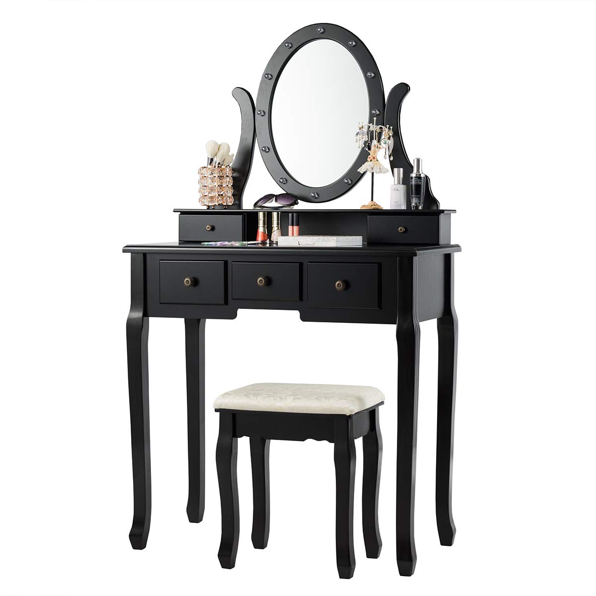 GOFLAME 360° Rotating Oval Makeup Mirror Vanity Set with LED Lights - Dressing Table & Cushioned Stool, 5 Sliding Drawers, Detachable Top - Perfect for Bedroom, Dressing Room, Home Decor (Black) | Ideal for Makeup Application, Skincare Routine & Home Organization