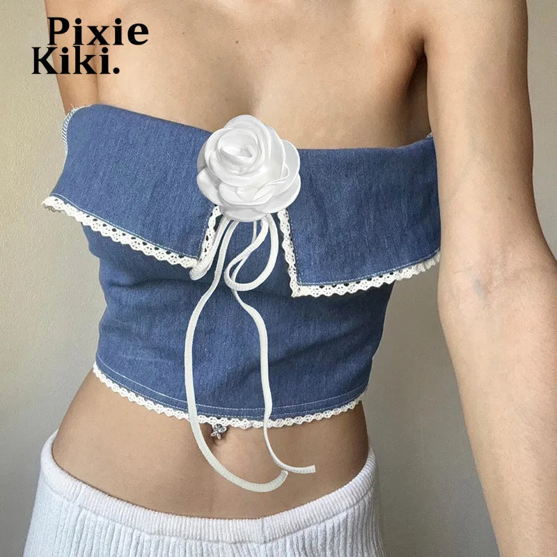 3D Flower Applique Halterneck Backless Camisole Top for Women - Blue Denim Patchwork Y2K Fashion Going Out Tops | Perfect for Parties, Date Nights & Summer Outfits