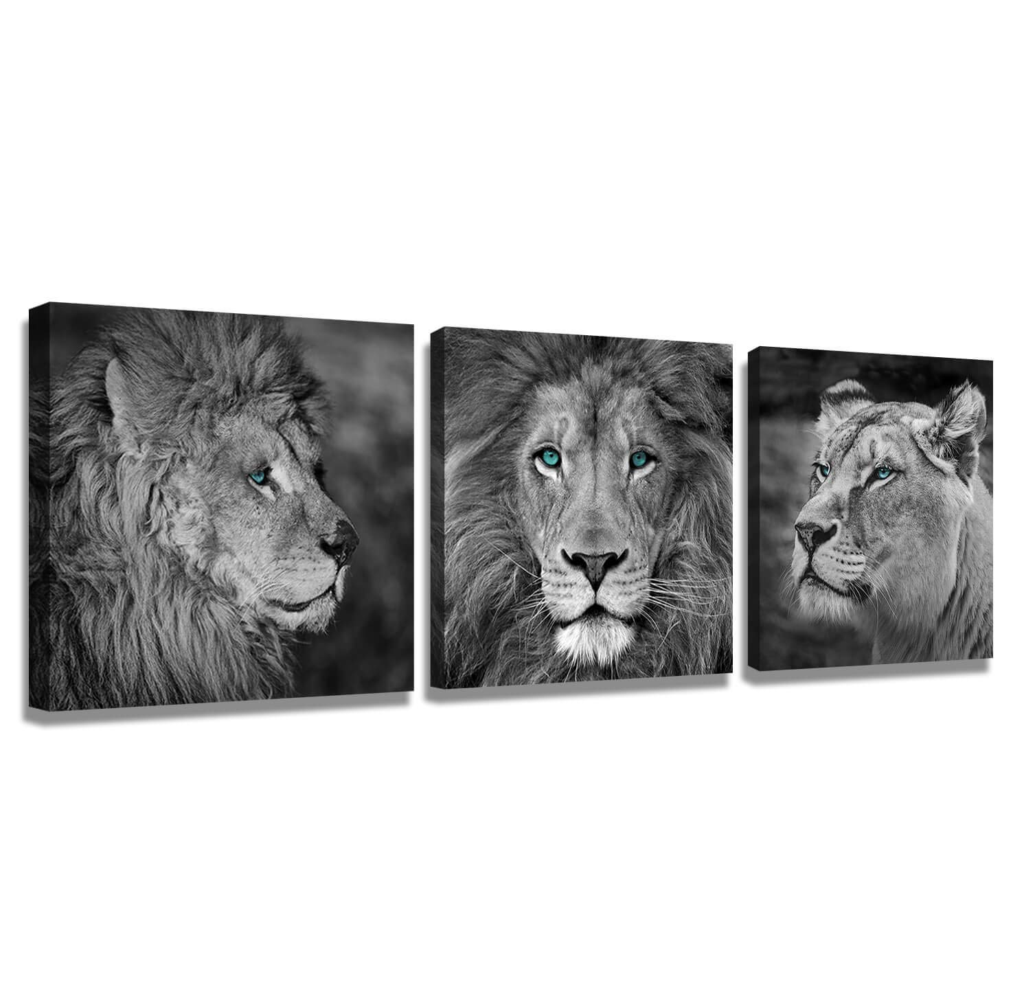 Lion Wall Art Canvas - Black and White Lion Poster, 3-Piece Modern Animal Painting for Bedroom Decor | Lion Head Portrait, Wildlife Wall Art for Living Room & Office