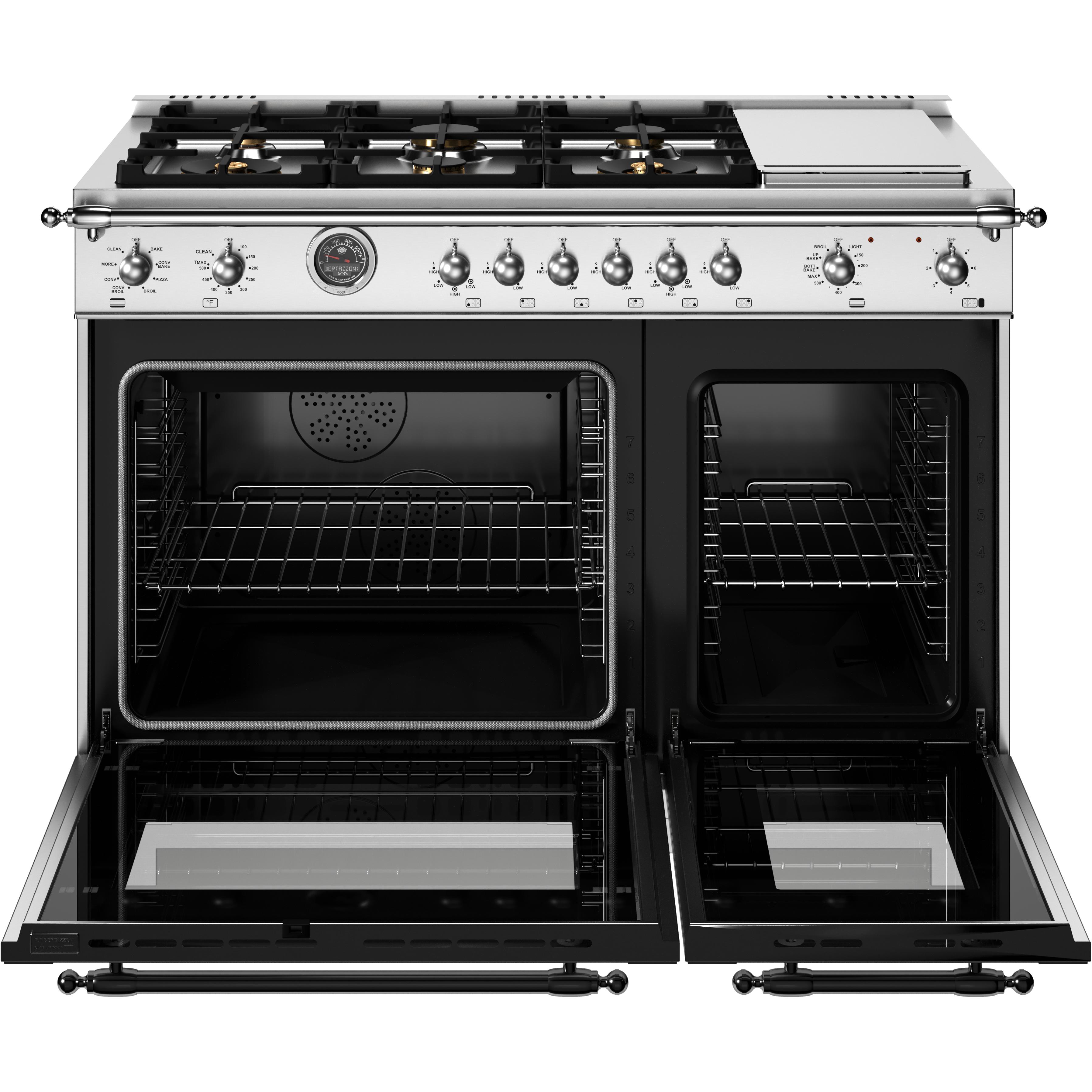 Bertazzoni 48 Inch Freestanding Dual Fuel Range HER486BTFEPXT - Professional Gas & Electric Oven with 6 Burners - Perfect for Home Chefs & Modern Kitchens