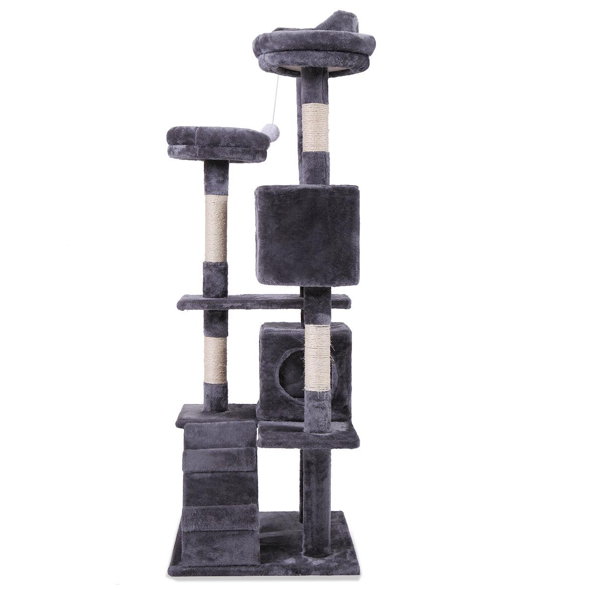 Premium Cat Tree Tower with Scratching Ball, Plush Cushion, Ladder & Condos - Multi-Level Indoor Cat Furniture for Play, Rest & Climbing (Gray) - Perfect for Small Spaces & Active Cats