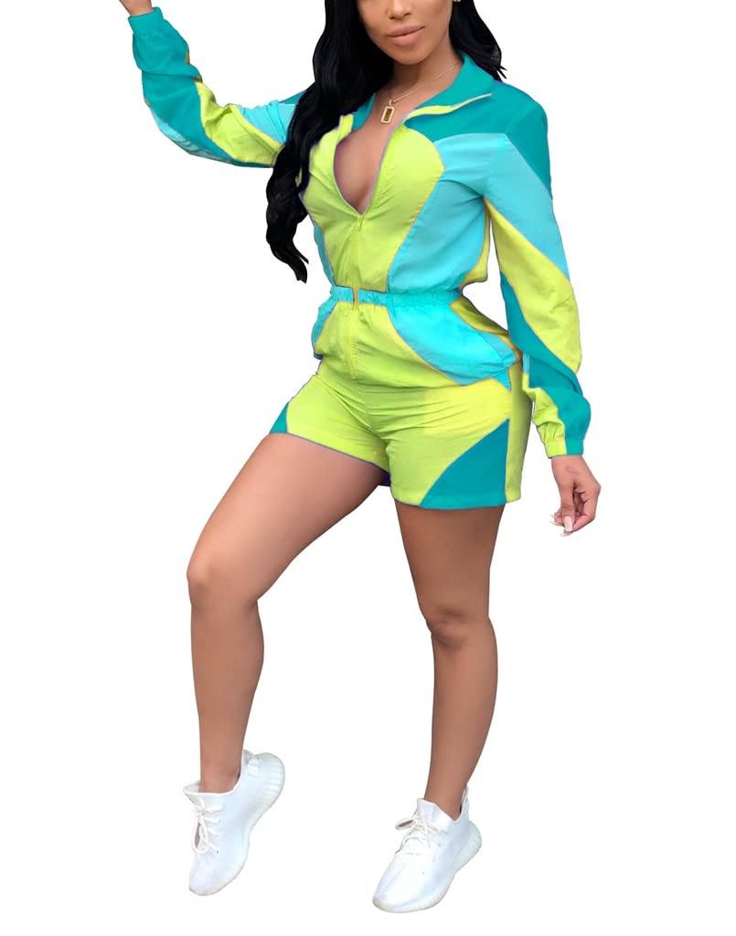 80s Retro Neon Colorblock Windbreaker Jumpsuit for Women - Front Zipper, See-Through Design - Perfect for Rave, Festival, and Vintage Fashion Outfits