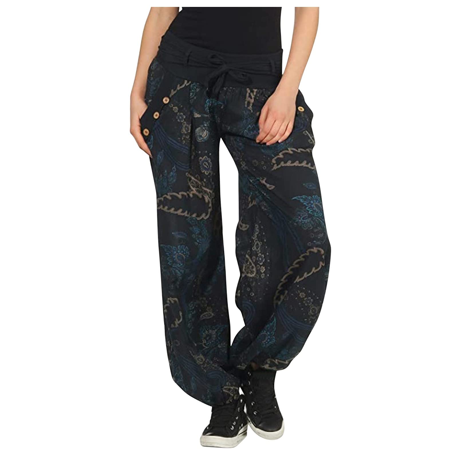 Women's Naladoo Loose Casual Harem Pants with Pockets - Boho Wide Leg Print Pants with Button Detail | Perfect for Yoga, Lounge & Boho Fashion