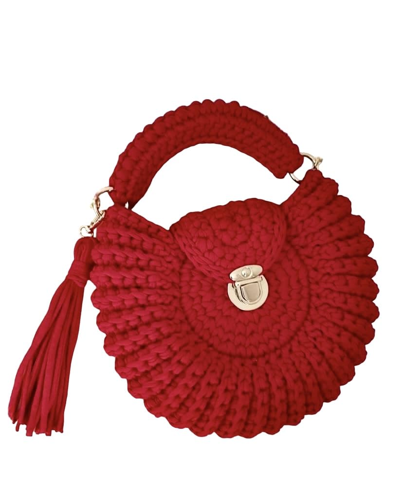 Crochet Conch Shell Bag - Summer Beach Shoulder Purse, Round Mussel Shell Shaped Handbag for Women (Red) | Perfect for Beach Vacations, Boho Fashion & Summer Outfits