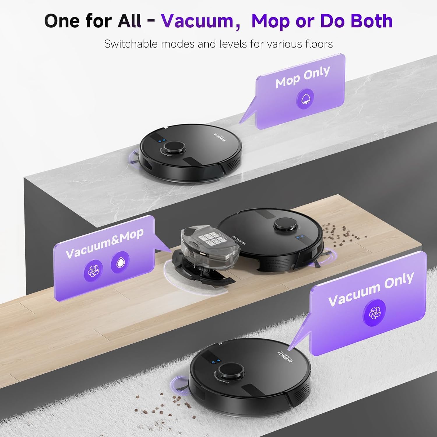 MONSGA Robot Vacuum Mop Combo 5000Pa with Self-Emptying - for Hard Floors & Carpets
