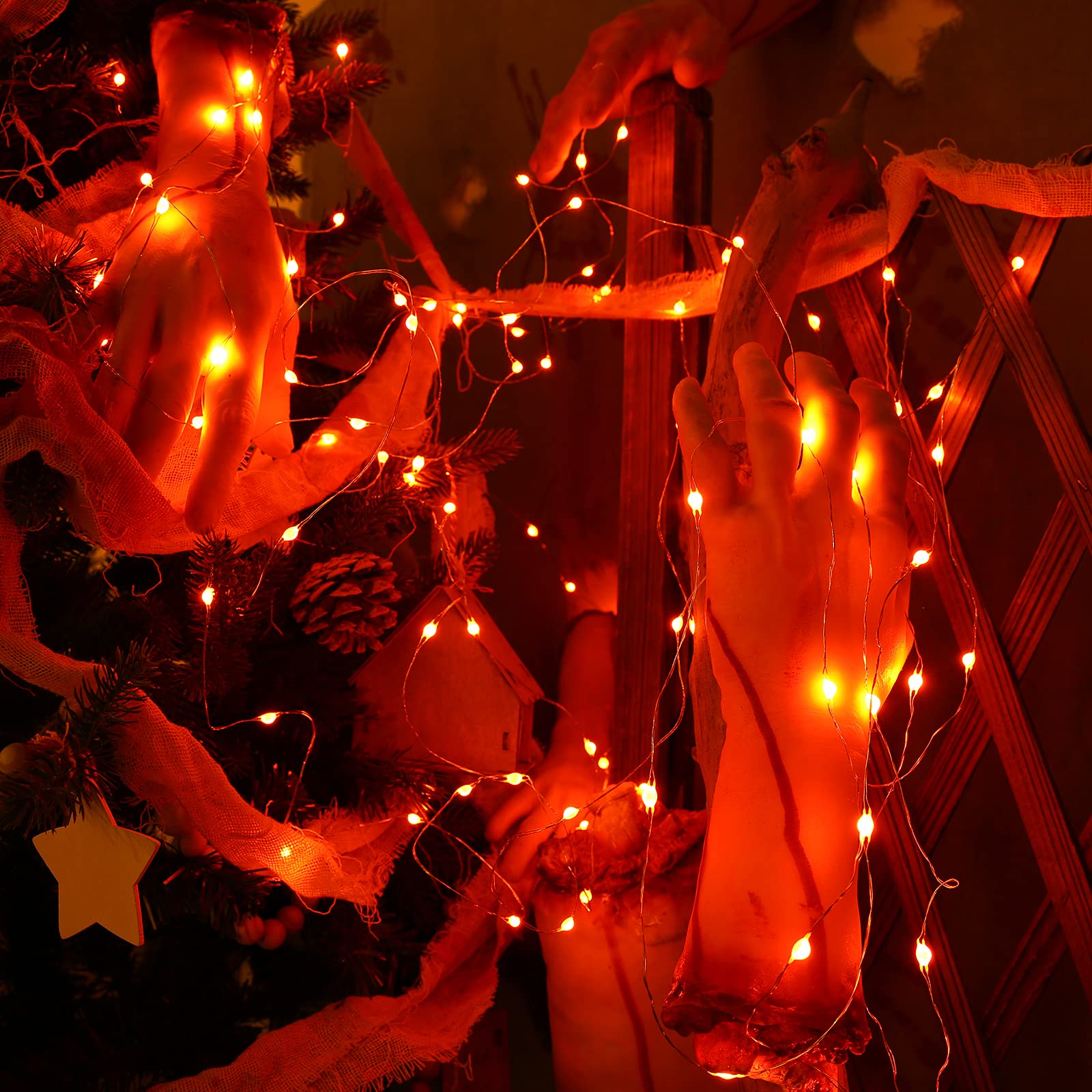 BrizLabs 2 Pack 50 LED Orange Halloween String Lights - 17.48ft Waterproof Fairy Lights with Remote & 8 Modes - Battery Operated for DIY Halloween Party, Tree Decor, Haunted House, Outdoor & Indoor Decorations