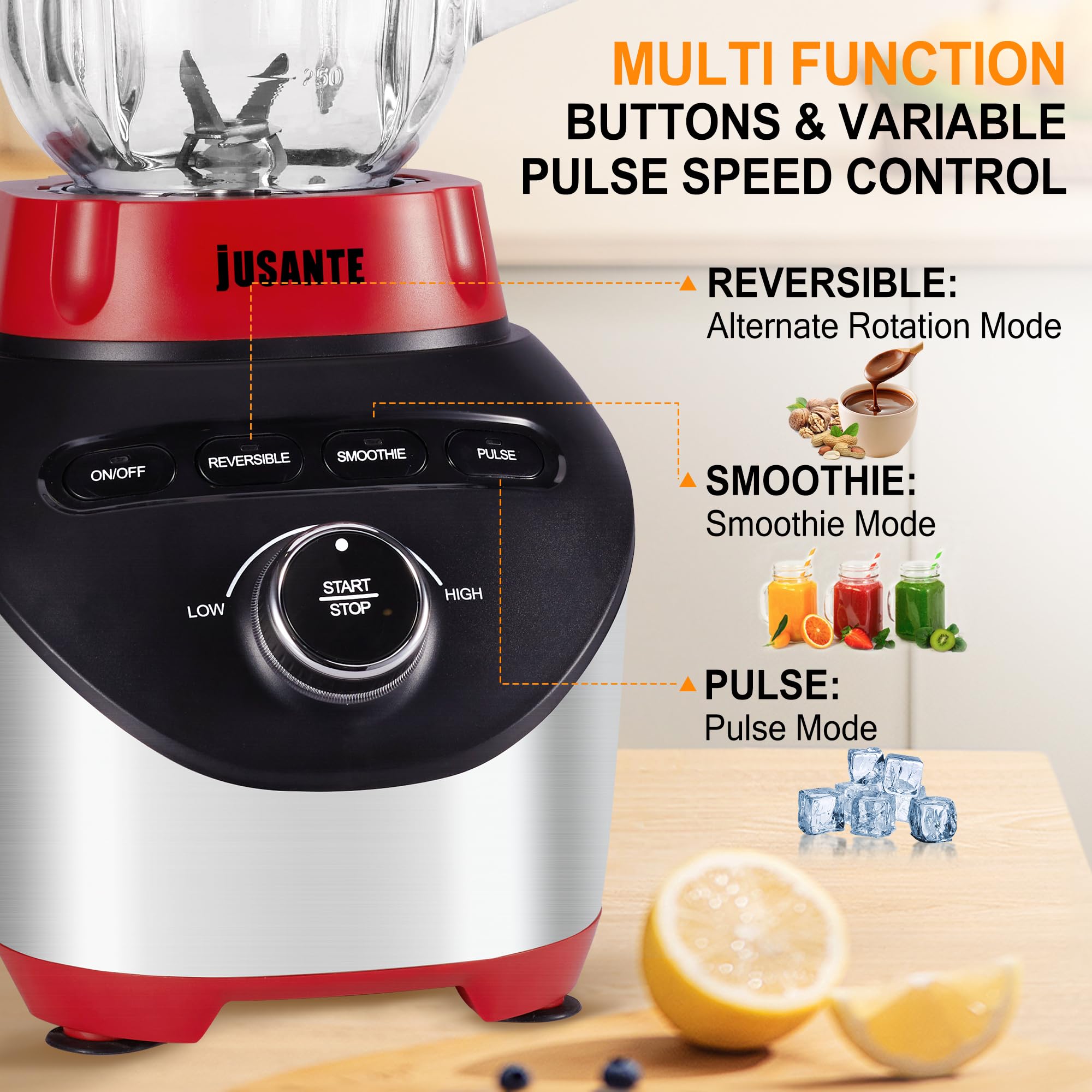 1200W High-Speed Professional Blender with 64oz Glass Jar - Powerful Countertop Blender for Smoothies, Shakes & Frozen Drinks - Perfect for Home Kitchen, Healthy Juicing & Meal Prep