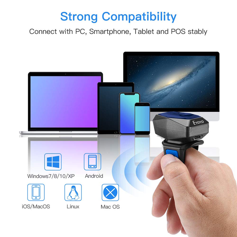 Eyoyo Upgraded 2D Ring Barcode Scanner - Bluetooth, USB Wired & 2.4G Wireless Wearable Mini Barcode Reader for 1D/2D QR Codes, Data Matrix, PDF417 - Compatible with iPhone, Android, Tablet, PC - Perfect for Retail, Warehouse, Inventory Management & Mobile POS Systems
