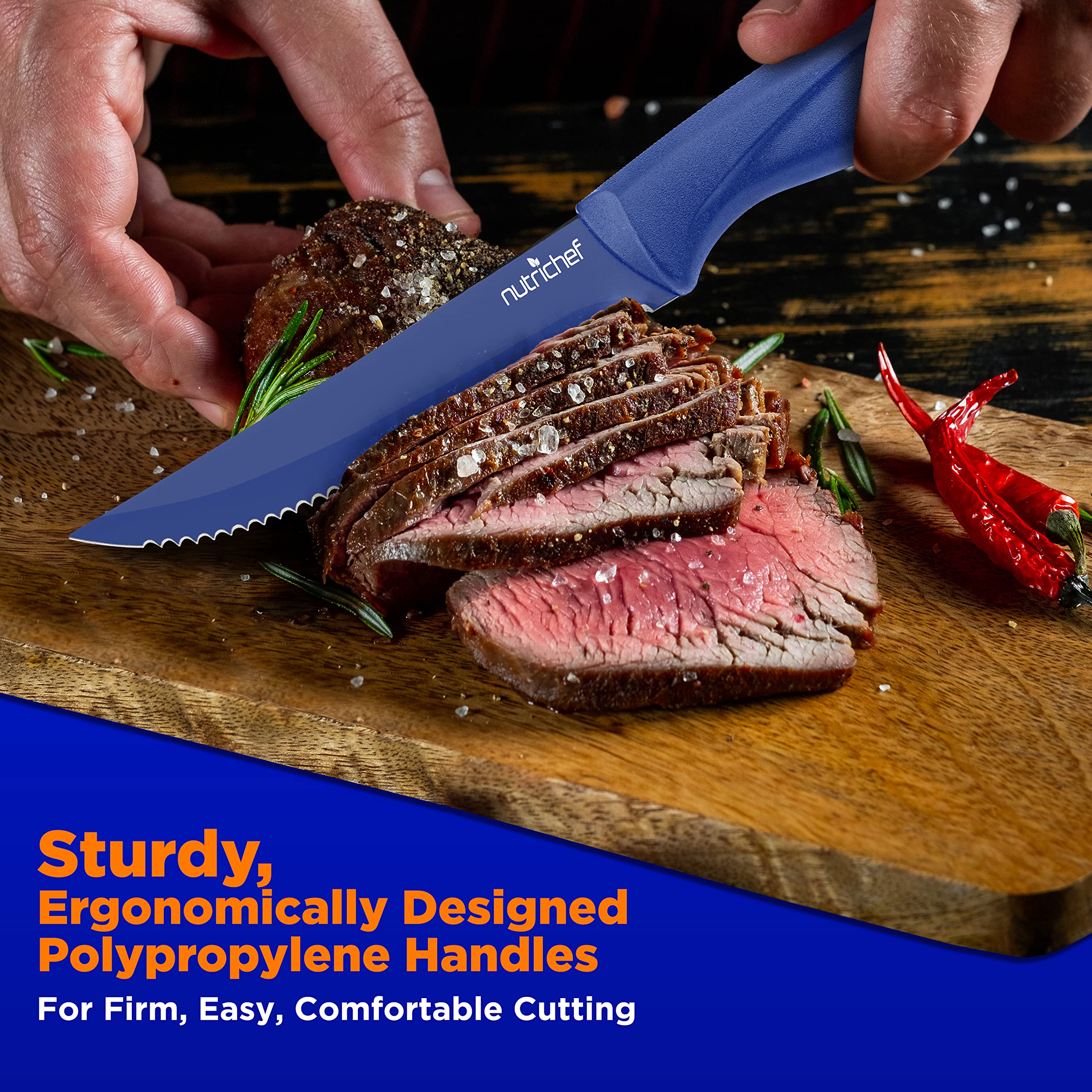 NutriChef 8-Piece Stainless Steel Kitchen Knife Set - Ergonomic Non-Stick Serrated Blades for Meat, Vegetables & Fruits - Durable Unbreakable Knives for Cooking, BBQ, Grilling & Food Prep - Perfect for Home Chefs & Outdoor Camping (Blue, NCSK8BU)