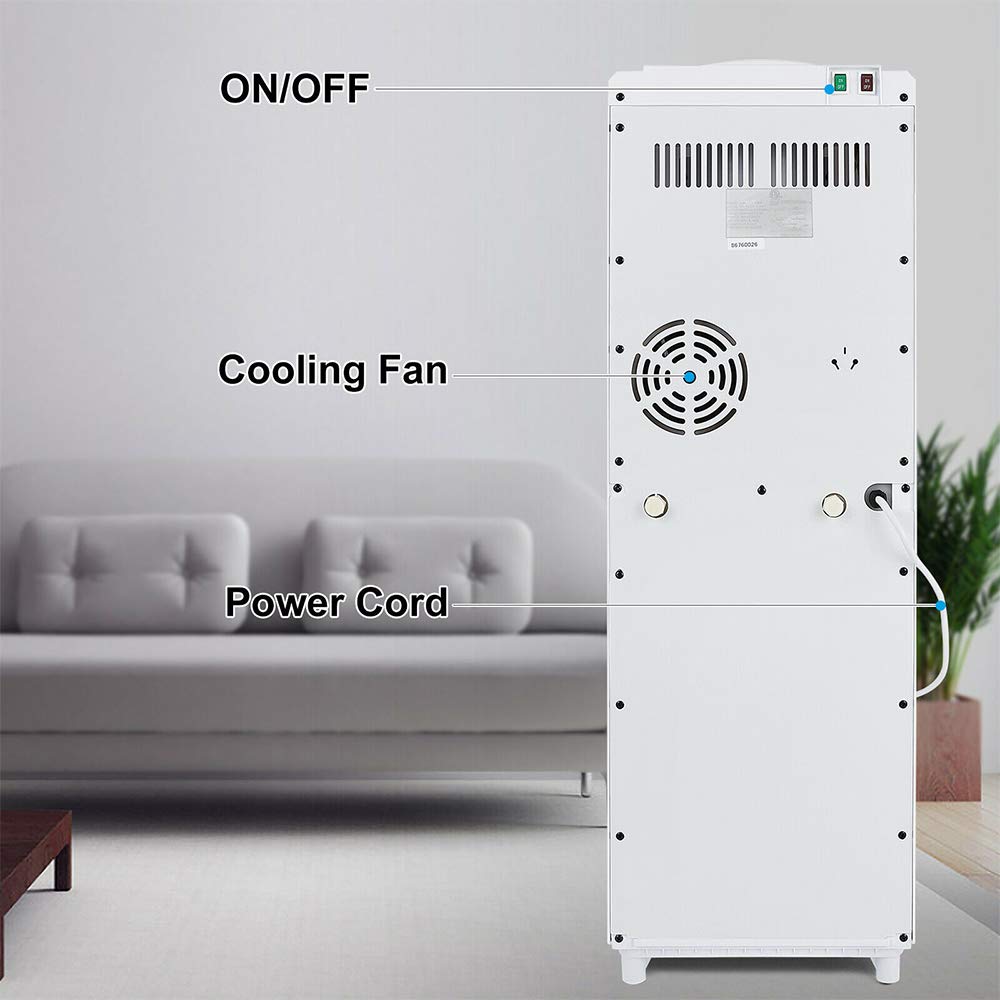 White Modern Top Loading 5 Gallon Water Cooler Dispenser with Hot & Cold Settings - Freestanding Electric Countertop for Home & Office - Storage Cabinet, Plastic & Stainless Steel (11.22