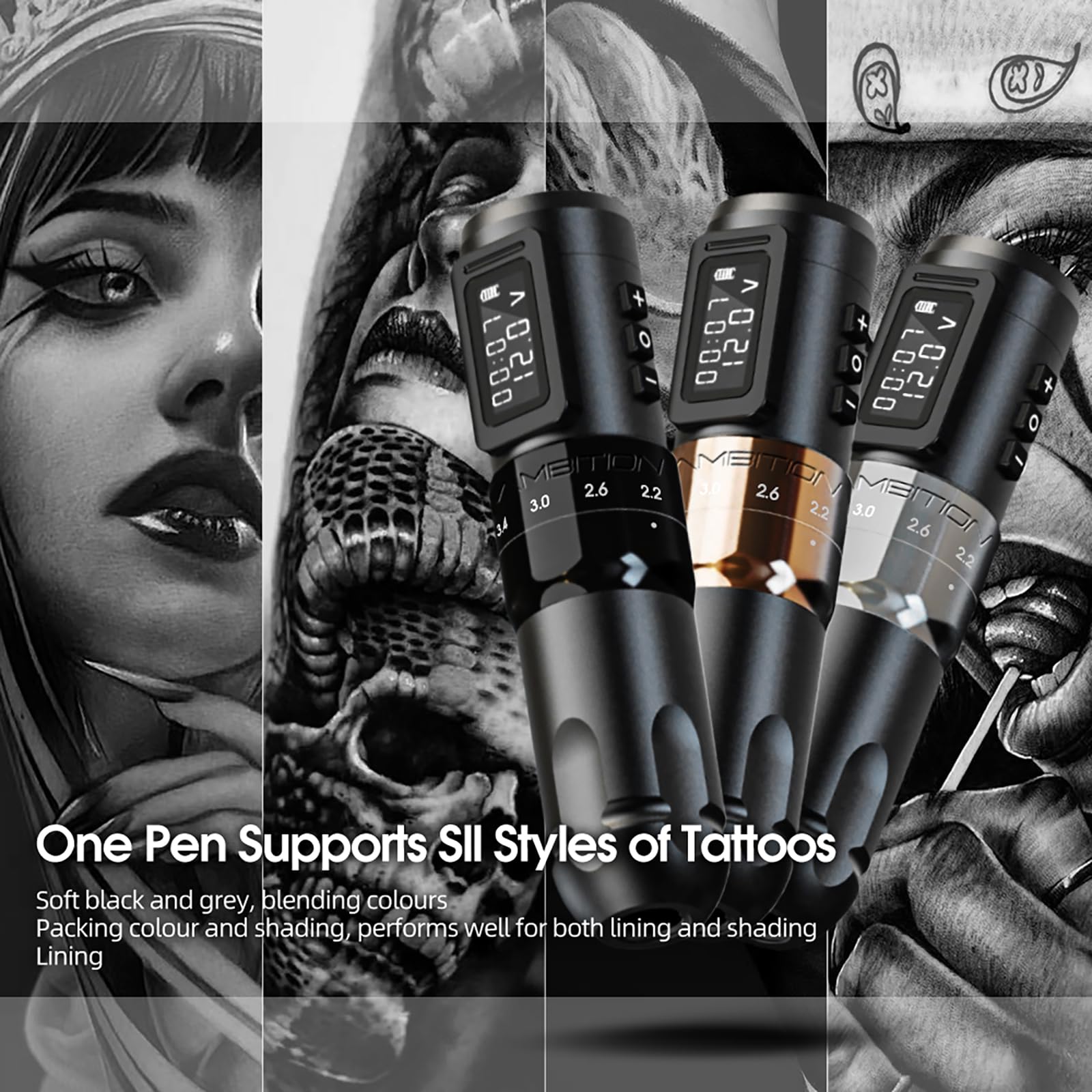 Ambition MARS-U Wireless Tattoo Machine - Adjustable Stroke Rotary Cartridge Pen with 1800mAh Power Coreless Motor & LED Display | Professional Tattoo Equipment for Artists | Perfect for Studio Work, Body Art & Permanent Makeup
