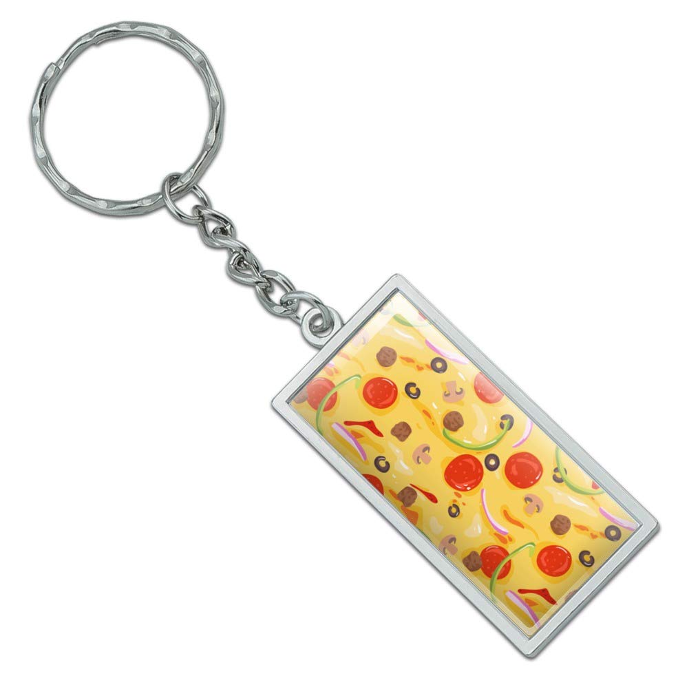 Chrome Plated Metal Rectangle Pizza Keychain with Pepperoni, Olives & Onions - Unique Graphic Novelty Gift for Pizza Lovers, Kitchen Enthusiasts & Foodies - Perfect for Keys, Backpacks & Gifts