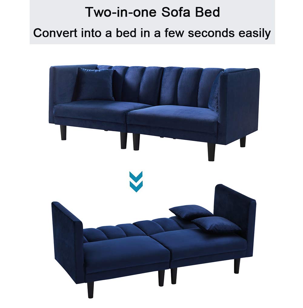 SLEERWAY Velvet Futon Sofa Bed - Modern Convertible Sleeper Sofa with 3 Adjustable Angles & 2 Pillows - Navy Blue Small Loveseat for Living Room, Guest Room & Small Spaces
