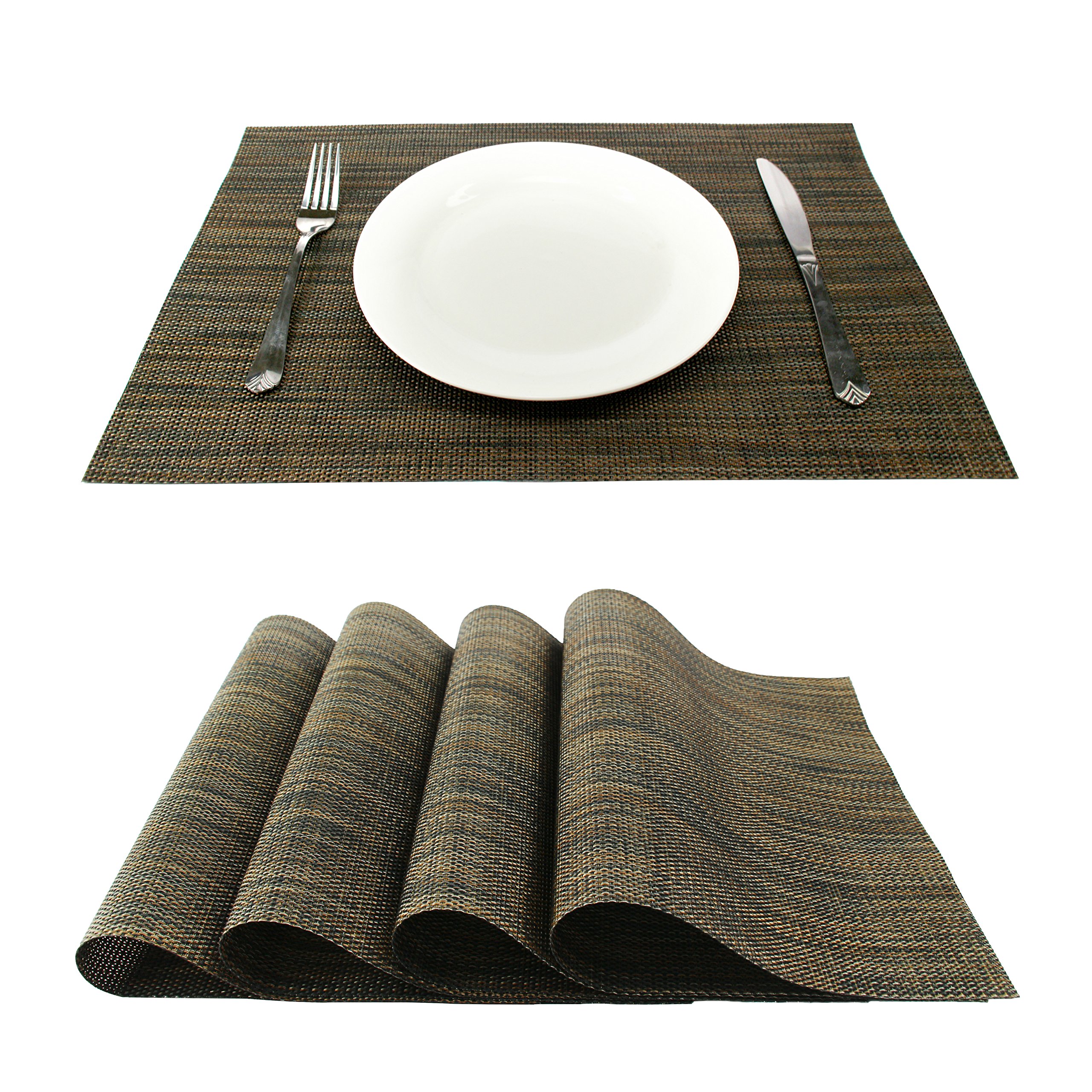 GEFEII Non-Slip Heat-Resistant PVC Woven Vinyl Placemats Set of 4 - Stain Resistant Washable Dining Table Mats for Kitchen, Home & Office Use (Copper Color)