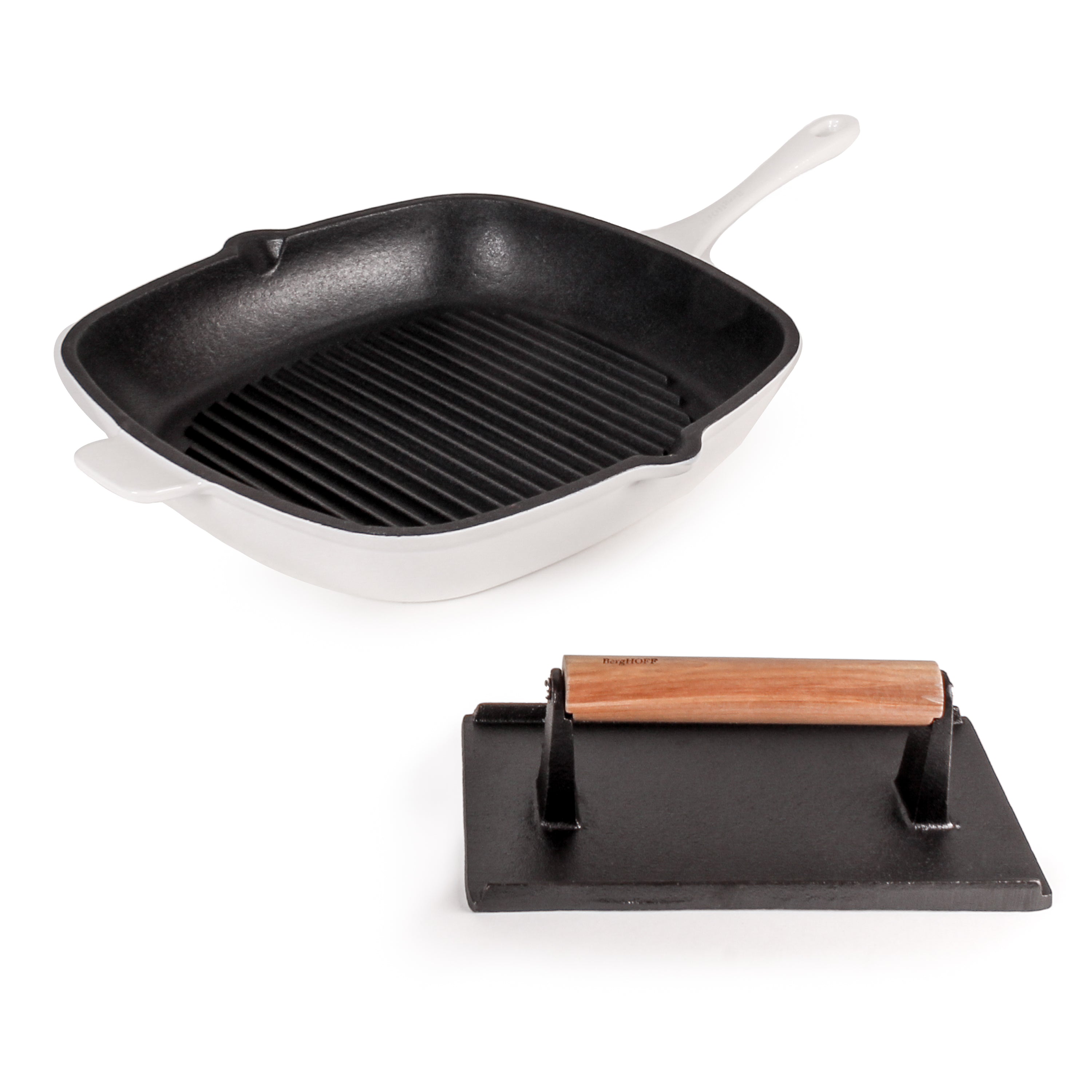 BergHOFF Neo 2-Piece Cast Iron Grill Pan Set with Steak Press - 11 Inch White Grill Pan for Stovetop & Oven Use - Perfect for BBQ, Steaks, Burgers & Indoor Grilling
