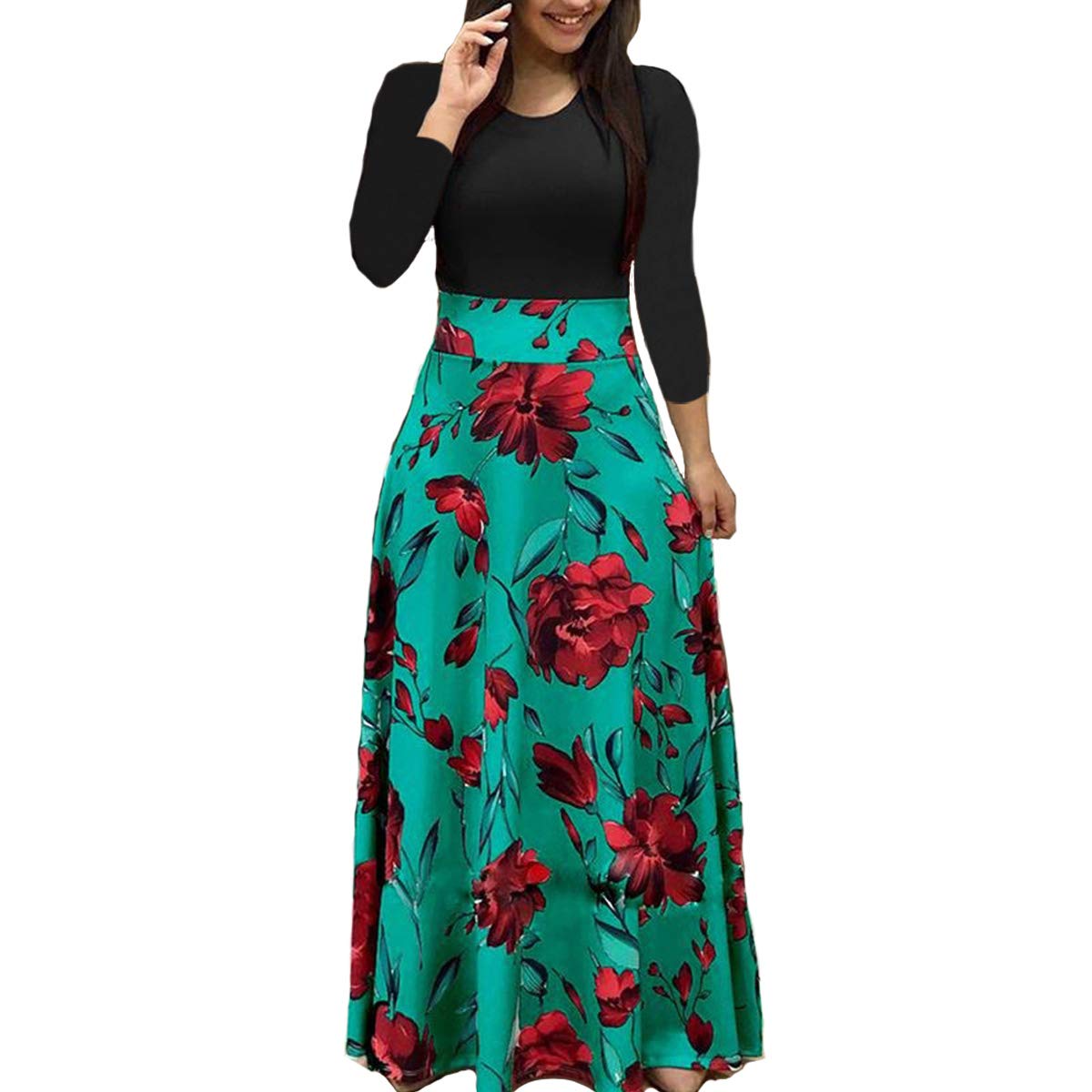 Aublary Women's Long Sleeve Maxi Dress - Floral Print Round Neck Casual Tunic Dress for Spring/Summer, Beach, Vacation & Everyday Wear