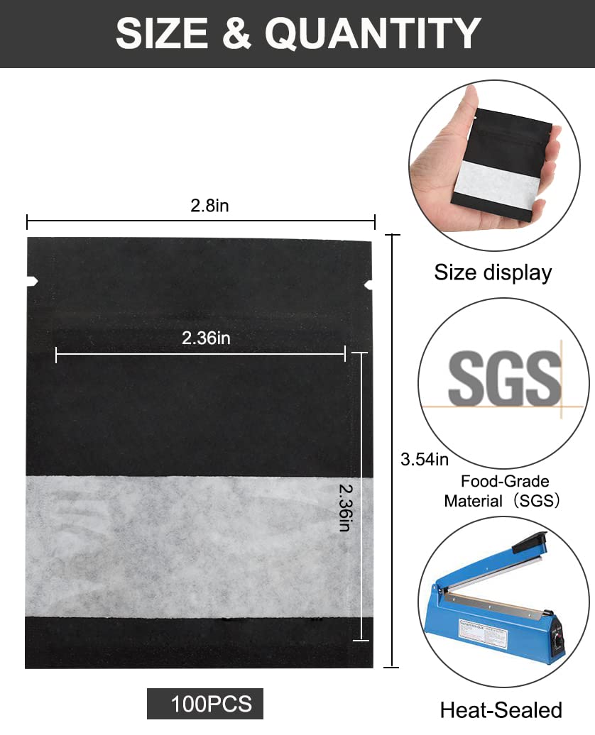 BEISHIDA 100 Pack 3.5 Inch Kraft Paper Resealable Bags with Clear Window - Small Airtight Heat Sealable Packaging Bags for Storage, Sample, Seed, Spice (Black) | Perfect for Food Storage, Craft Supplies & Small Item Organization