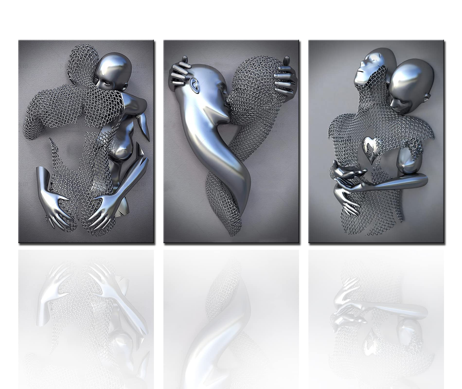 Tucocoo Modern Abstract Metal Figure Statue - Romantic Couple Kiss Hug Wall Art Set of 3 Framed Canvas Paintings (60''x28'') - Ready to Hang Bedroom Decor for Couples, Living Room & Wedding Gift