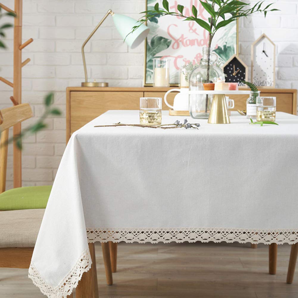 AMZALI Classic Cotton Linen Lace Tablecloth - Dust-Proof Rectangle Table Cover (55x98 Inch, Cream White) for Kitchen, Dining Room, Picnic & Home Decor | Perfect for Dinner Parties, Outdoor Events & Holiday Gatherings