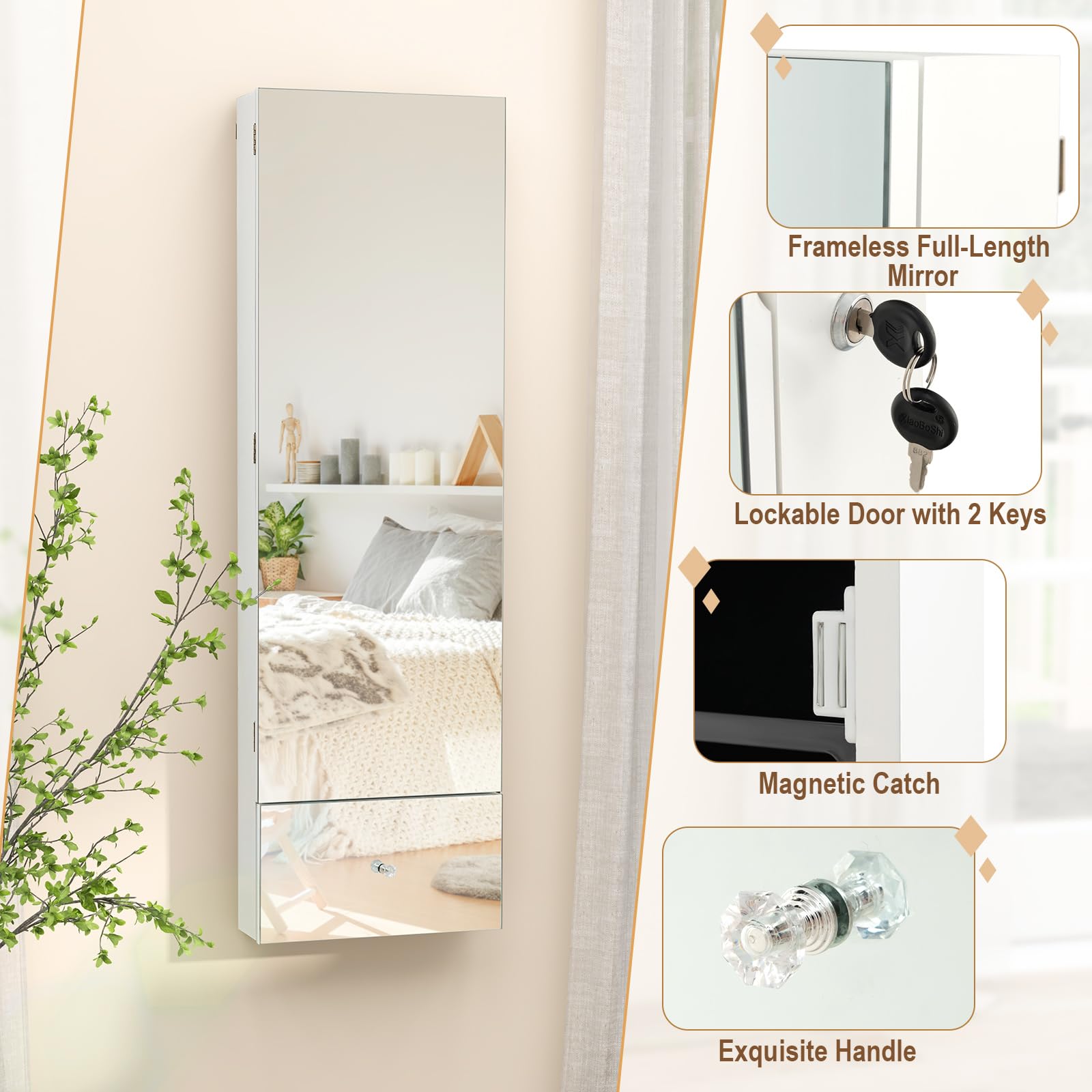 Charmaid Wall Mounted Jewelry Cabinet with Full Length Mirror - 47.2